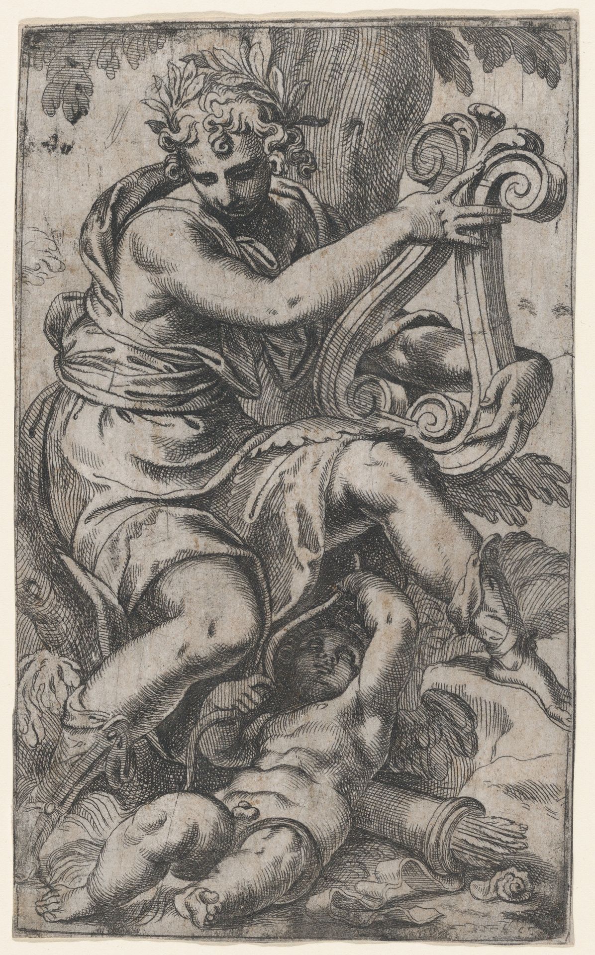Cupid and Apollo with a lyre by Paolo Farinati