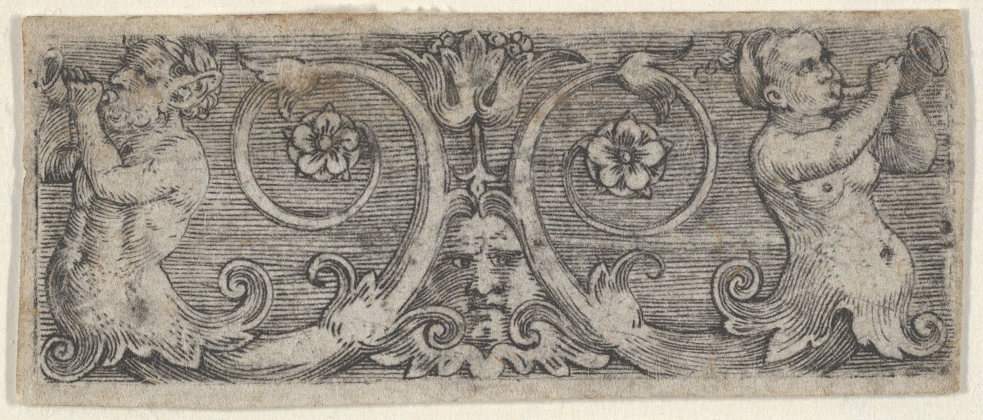 Horizontal Panel with Two Tritons with Foliate Tails Playing Horns by Barthel Beham