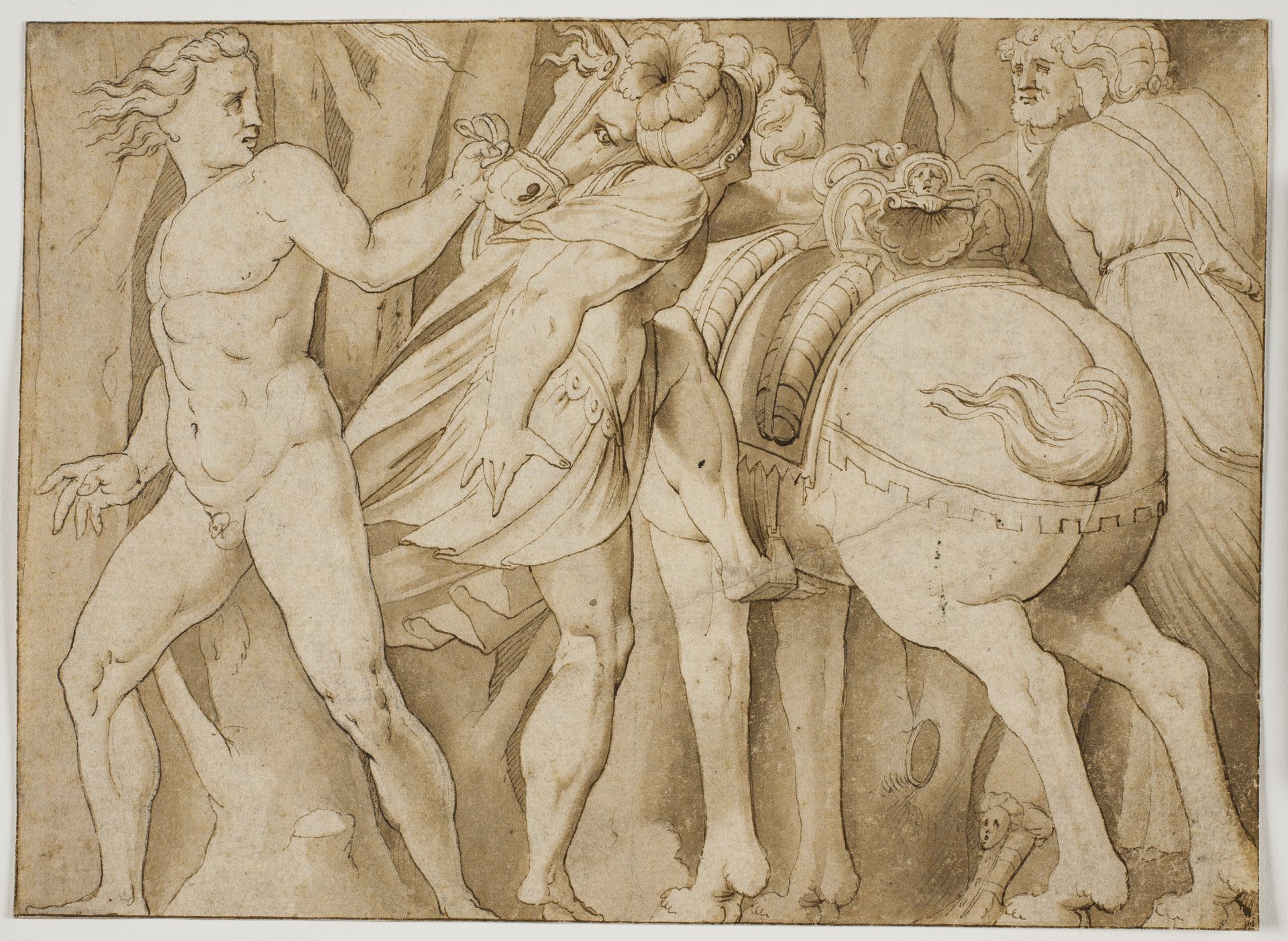 Scene from Roman history? A man mounting a horse held by a nude man by Anonymous
