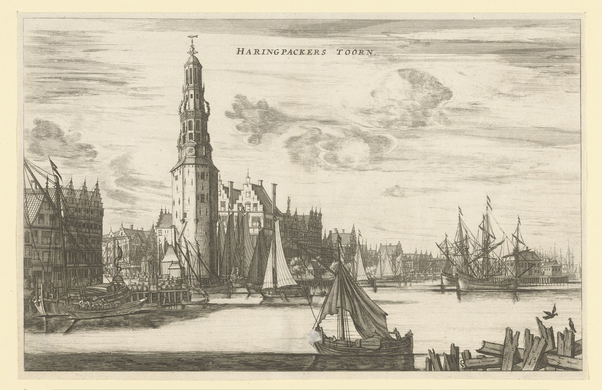 Gezicht op de Haringpakkerstoren te Amsterdam by Jacob van Meurs