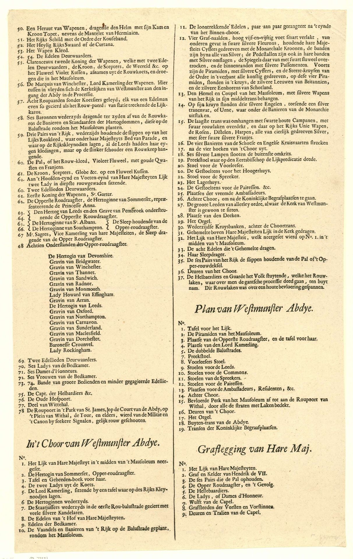 Legenda bij de laatste drie platen uit de prentenserie over het overlijden en de lijkstatie van Maria II Stuart, koningin van Engeland, 1695 by Pieter Persoy