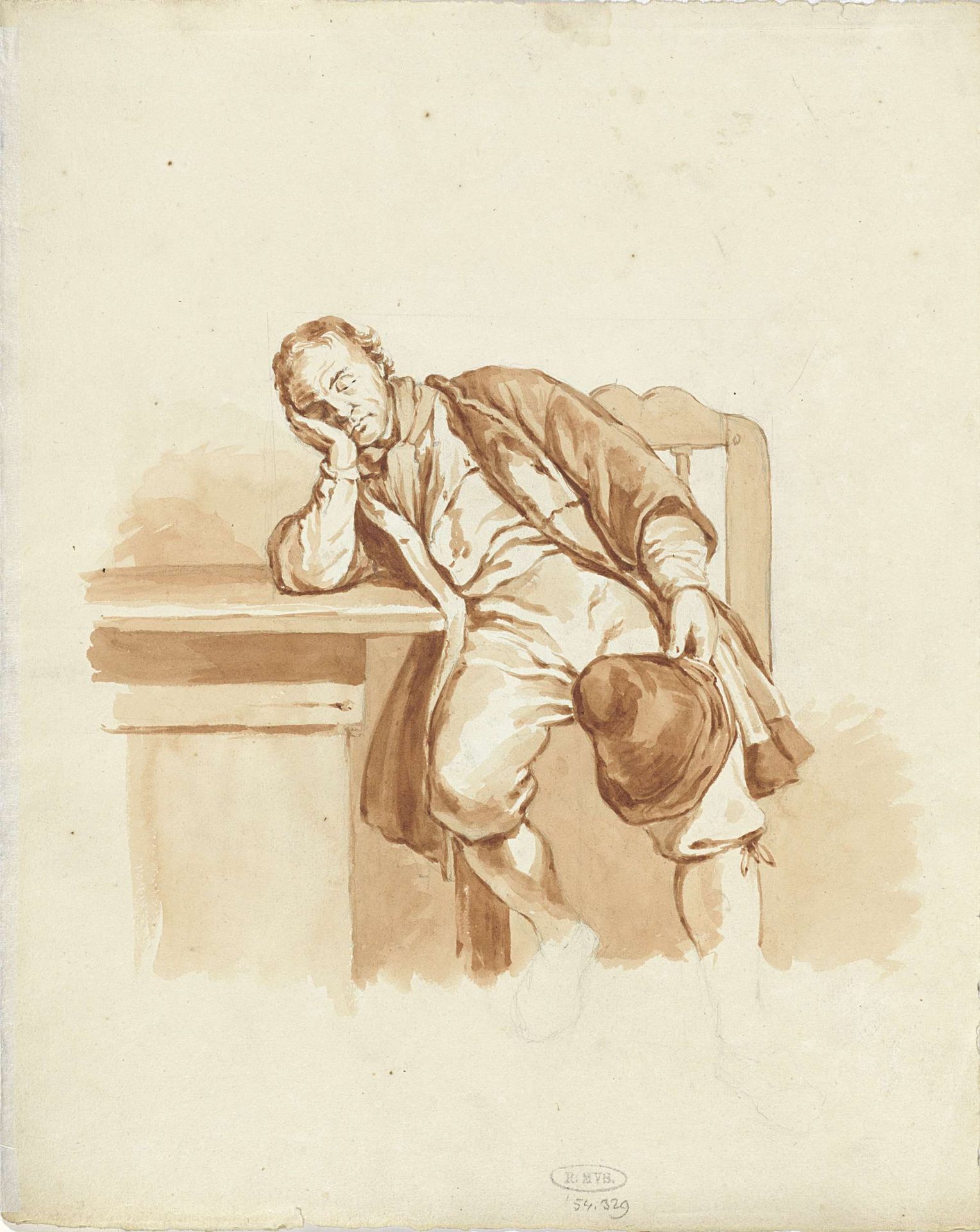 Zittende man, slapend aan een tafel by Pieter van Loon