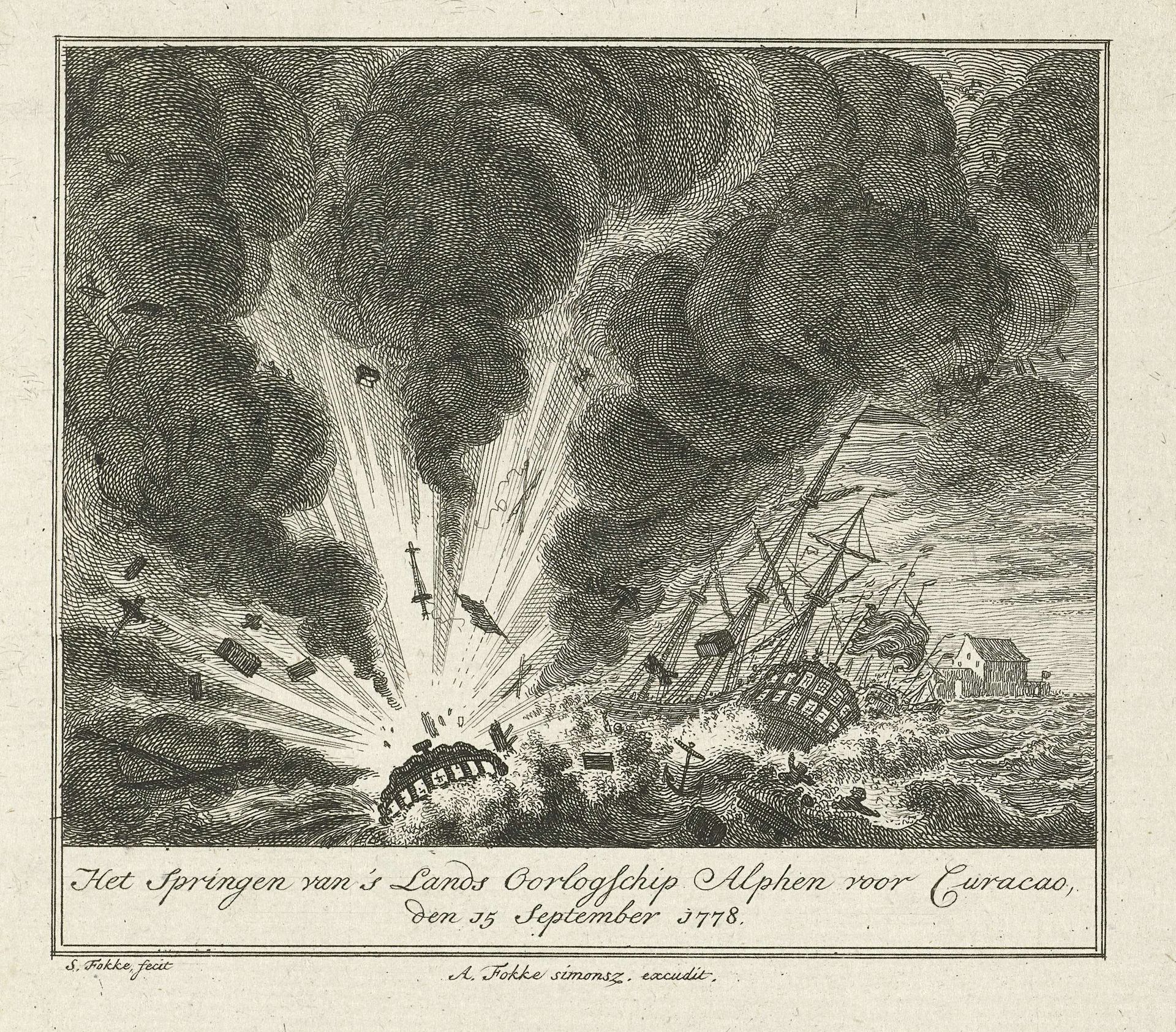 Het ontploffen van het Nederlandse oorlogschip Alphen voor Curacao, 1778 by Simon Fokke