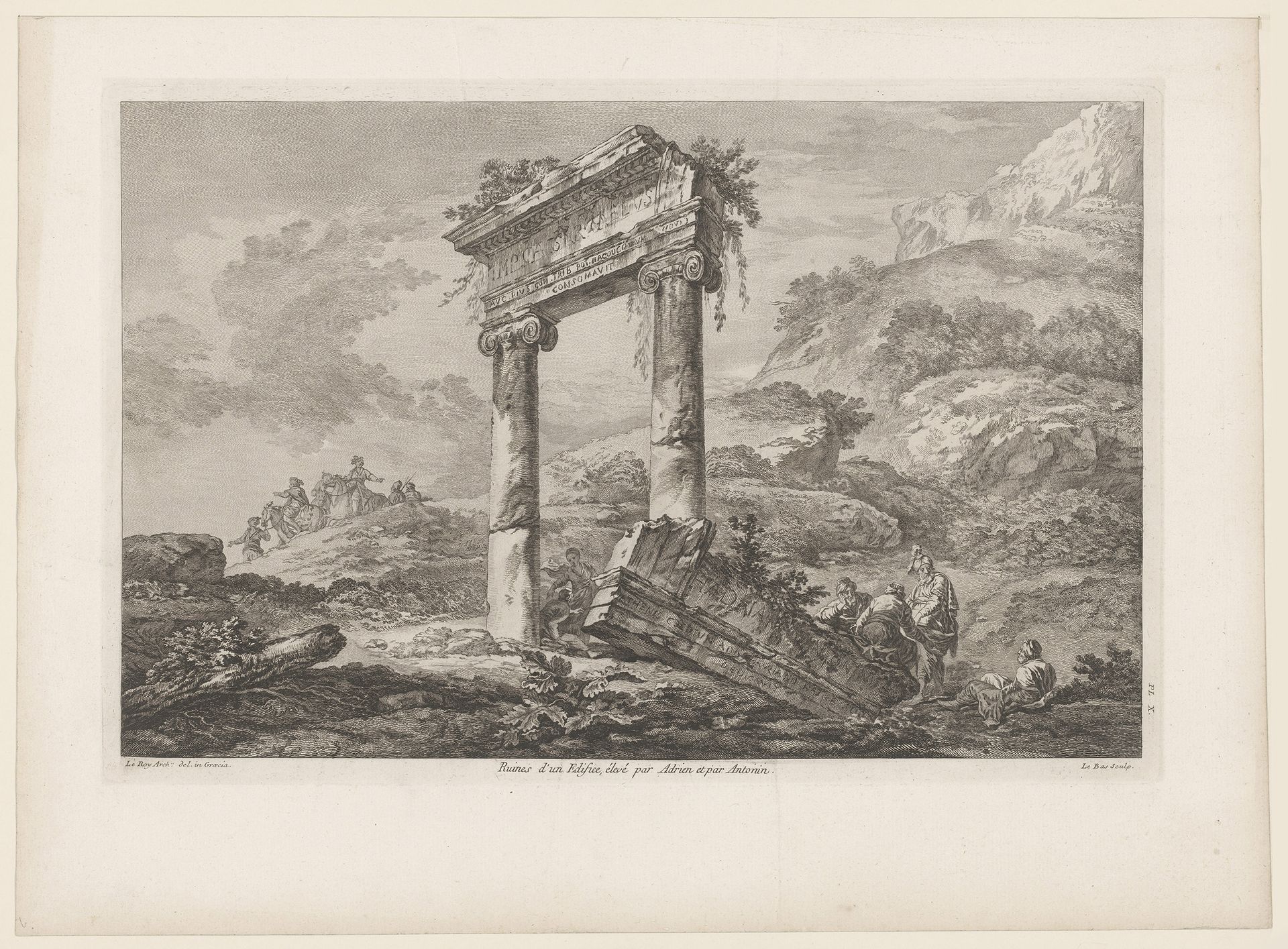 Gezicht op een ruïne in een landschap by Jacques Philippe Le Bas