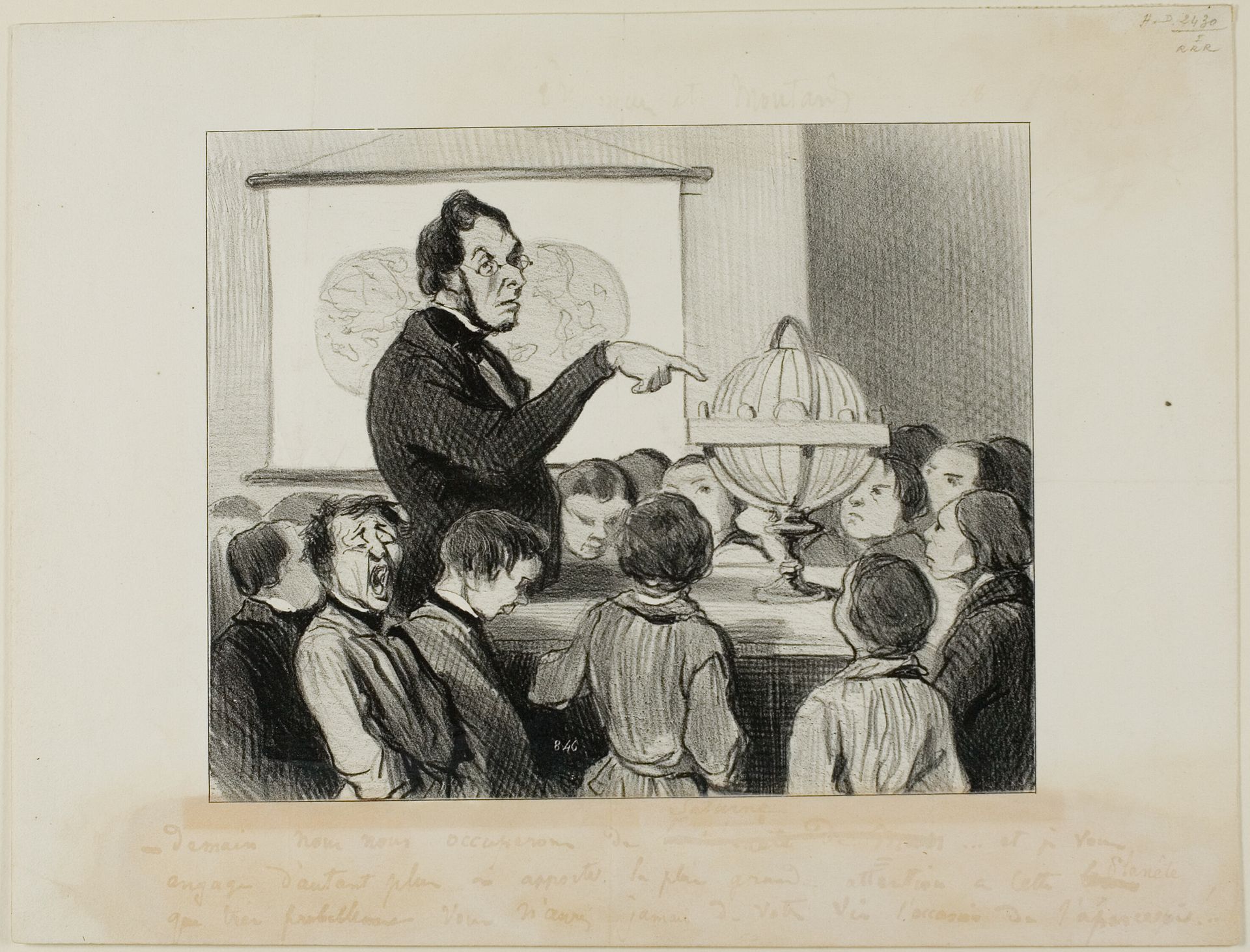 "- Tomorrow we will study Saturn. I want you to pay special attention to this great planet.... which in all likelihood you will never in your life have the opportunity to see!," plate 18 from Professeurs Et Moutards by Honoré Daumier