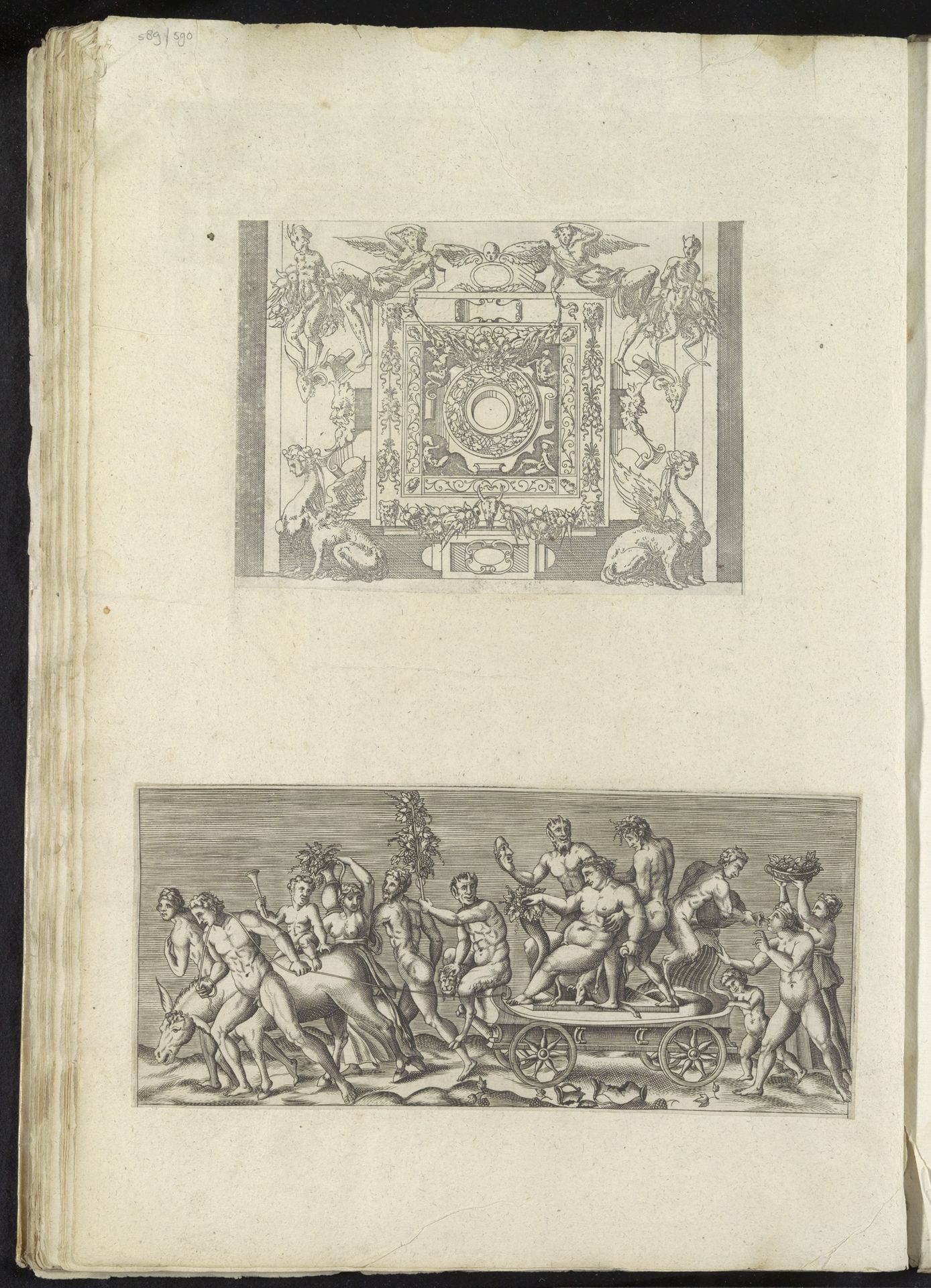 Albumblad met twee prenten met een cartouche en de triomf van Bacchus by Anonymous