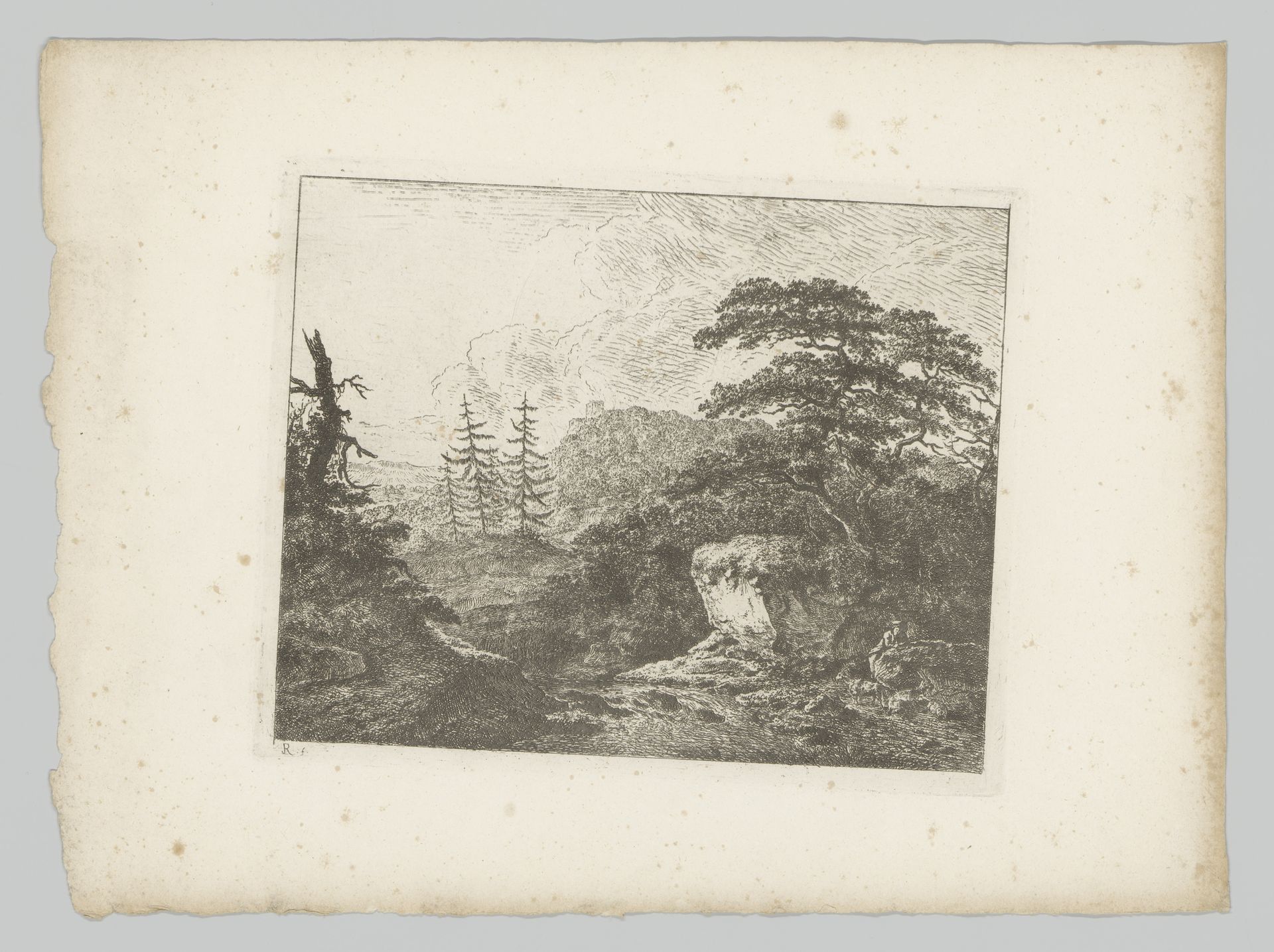 Man met geiten bij beek en rotsblok in heuvelachtig landschap by Friedrich Rauscher