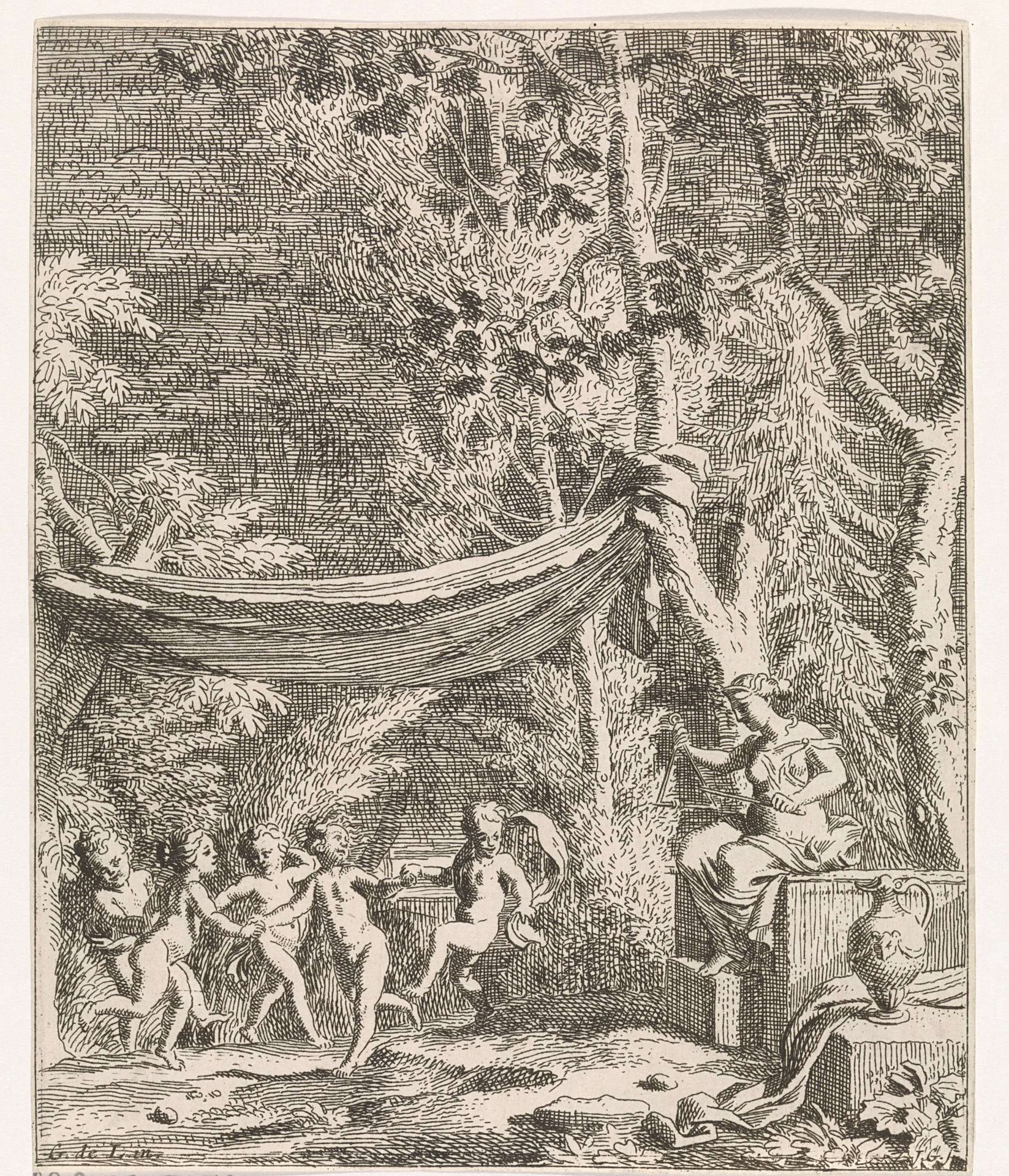Vijf putti dansen op de muziek van een triangel by Johannes Glauber