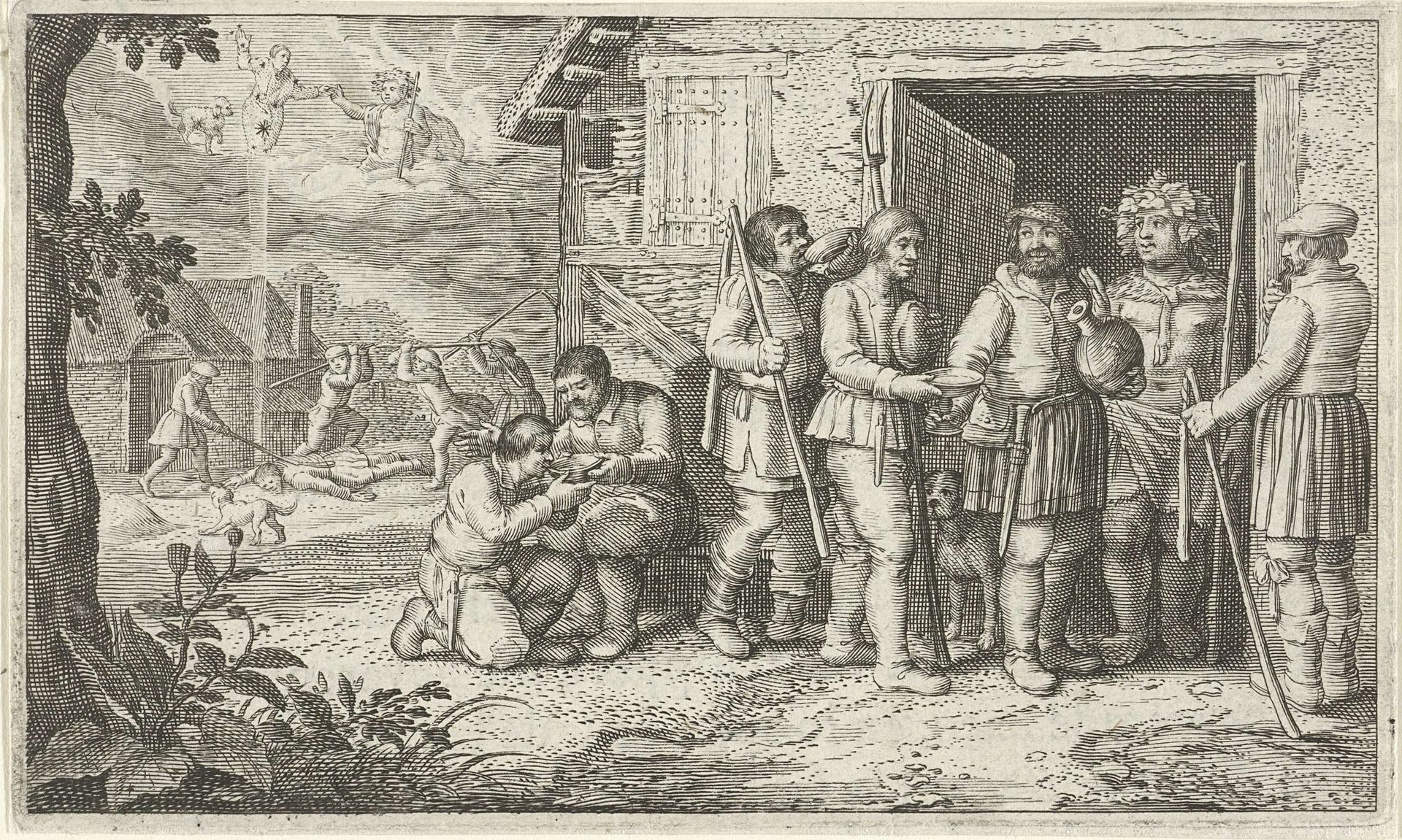 Bacchus met wijn bij boeren by Jacob Matham