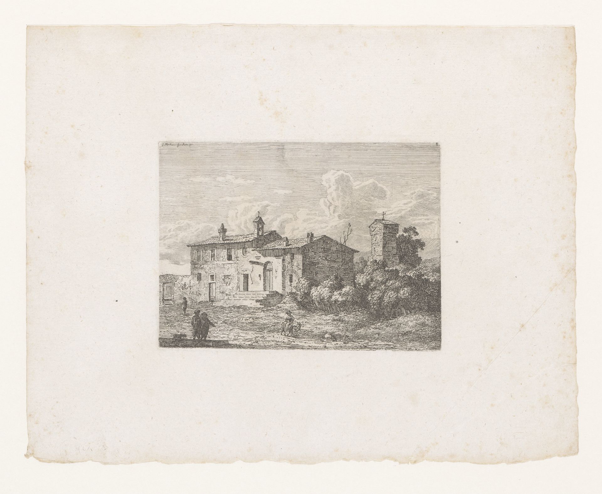 Italiaans landschap met romaanse kerk by Jacob Wilhelm Mechau