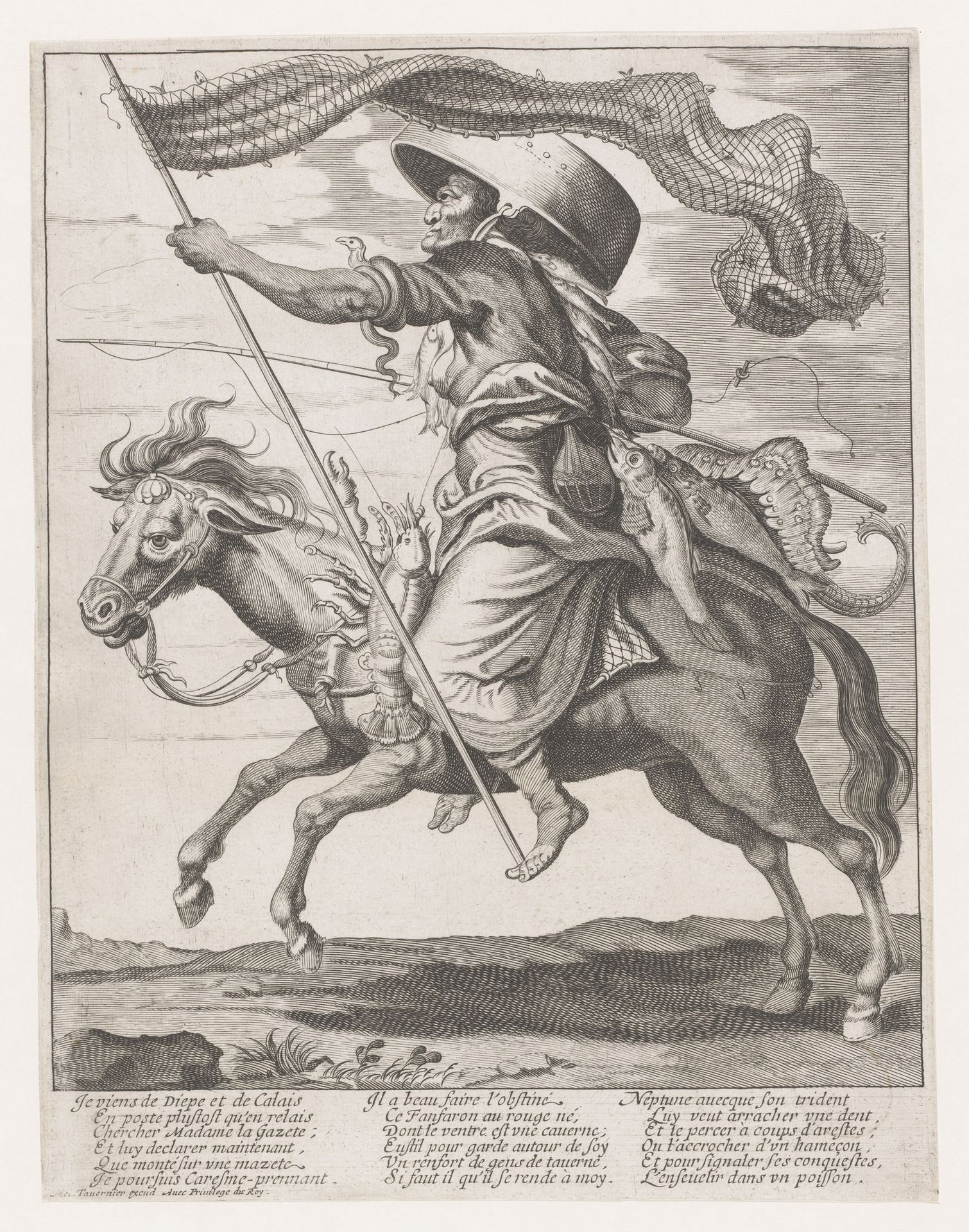 Vrouw op een paard, behangen met vissen en een visnet als vaandel met carnaval by Anonymous