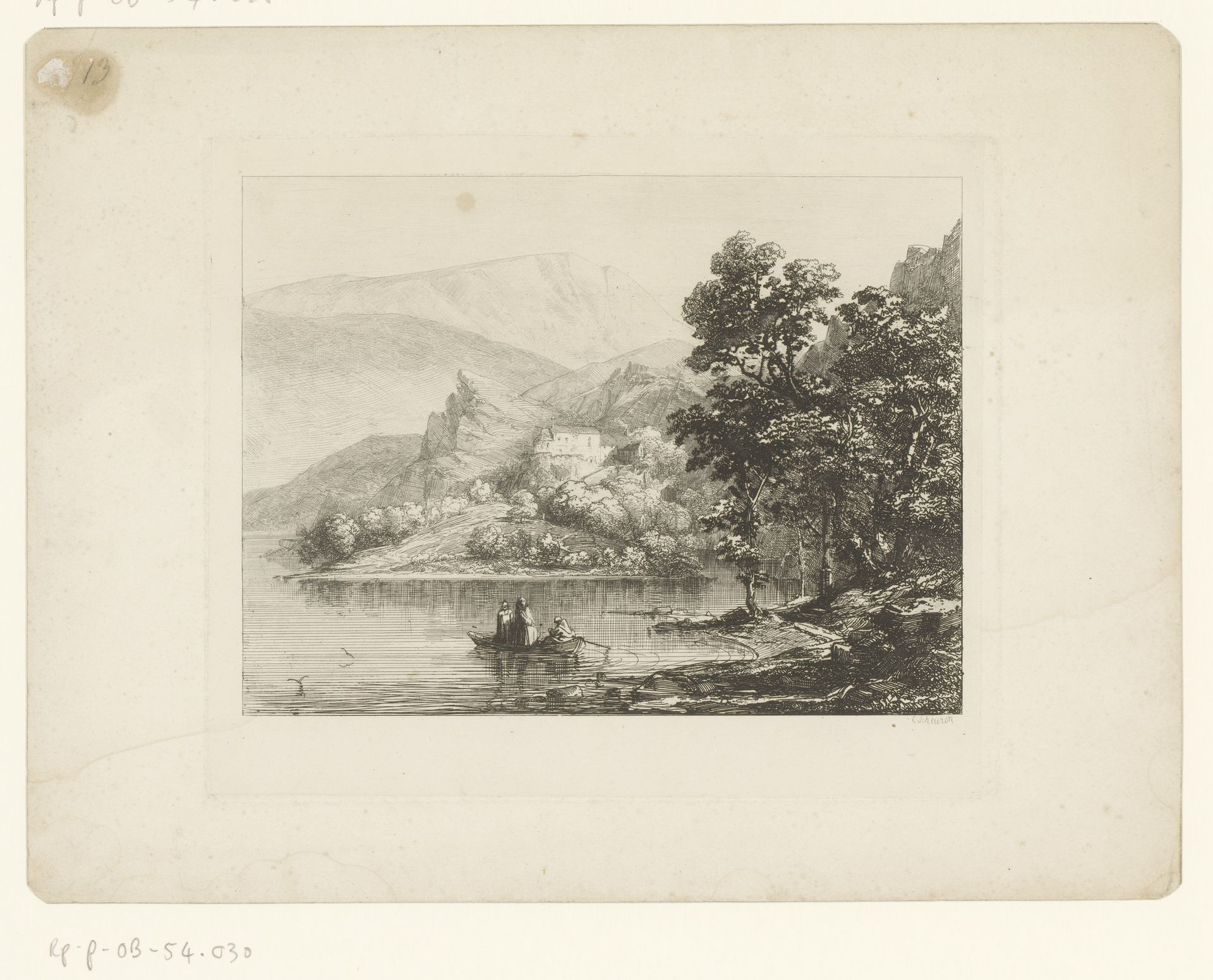 Drie monniken in boot op een meer met een klooster by Johann Caspar Nepomuk Scheuren