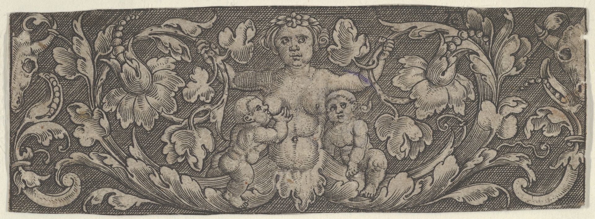 Horizontal Panel with a Siren with Foliage for Legs and Two Children by Allaert Claesz.