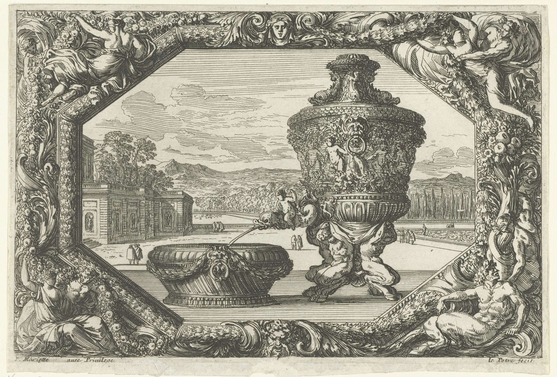 Bassin en mobiele waterfontein in cartouche by Jean Lepautre