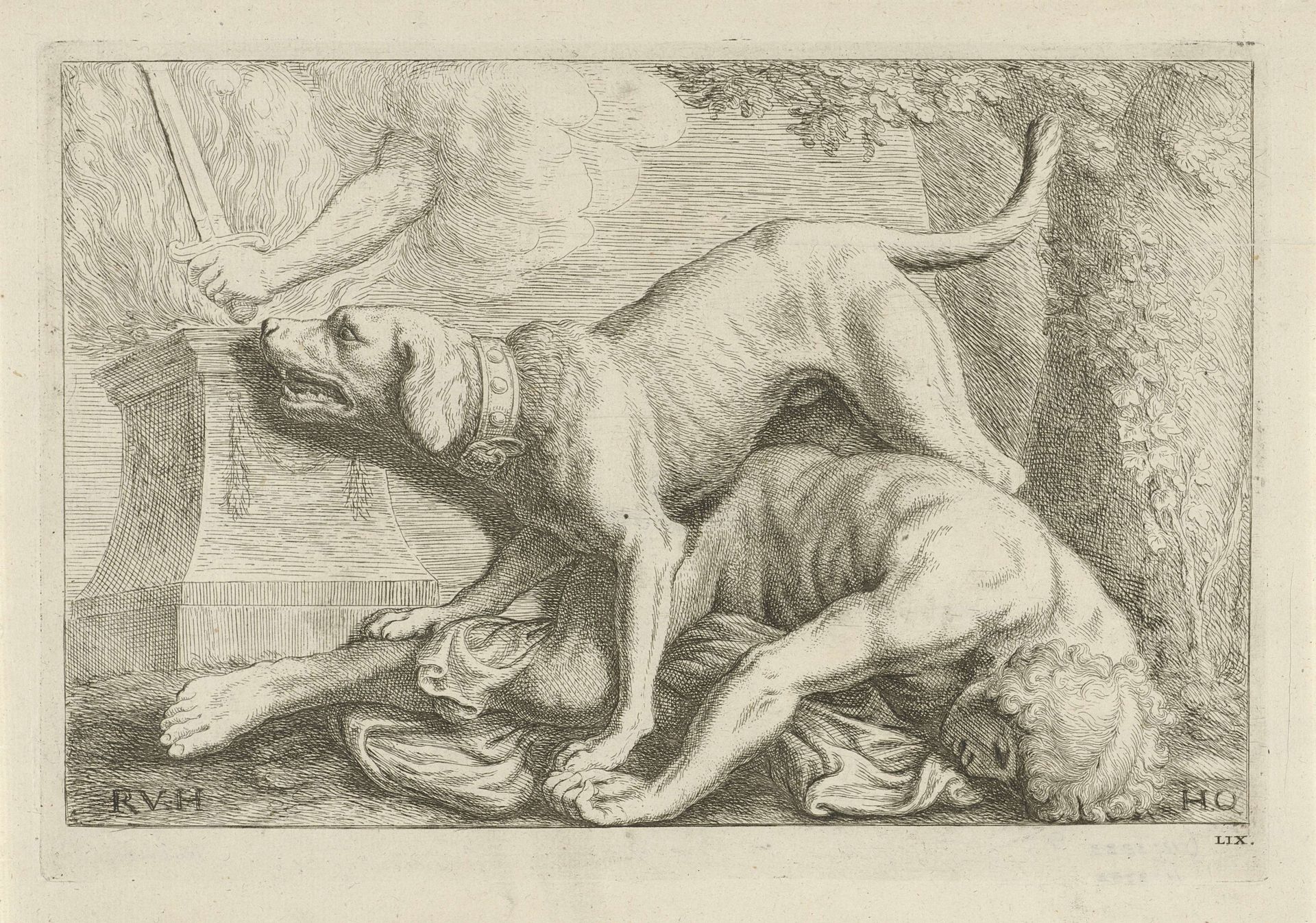 Reliëf met hond als allegorie op de Trouw boven de linker deur naar het Secretarie in het Stadhuis op de Dam by Hubert Quellinus
