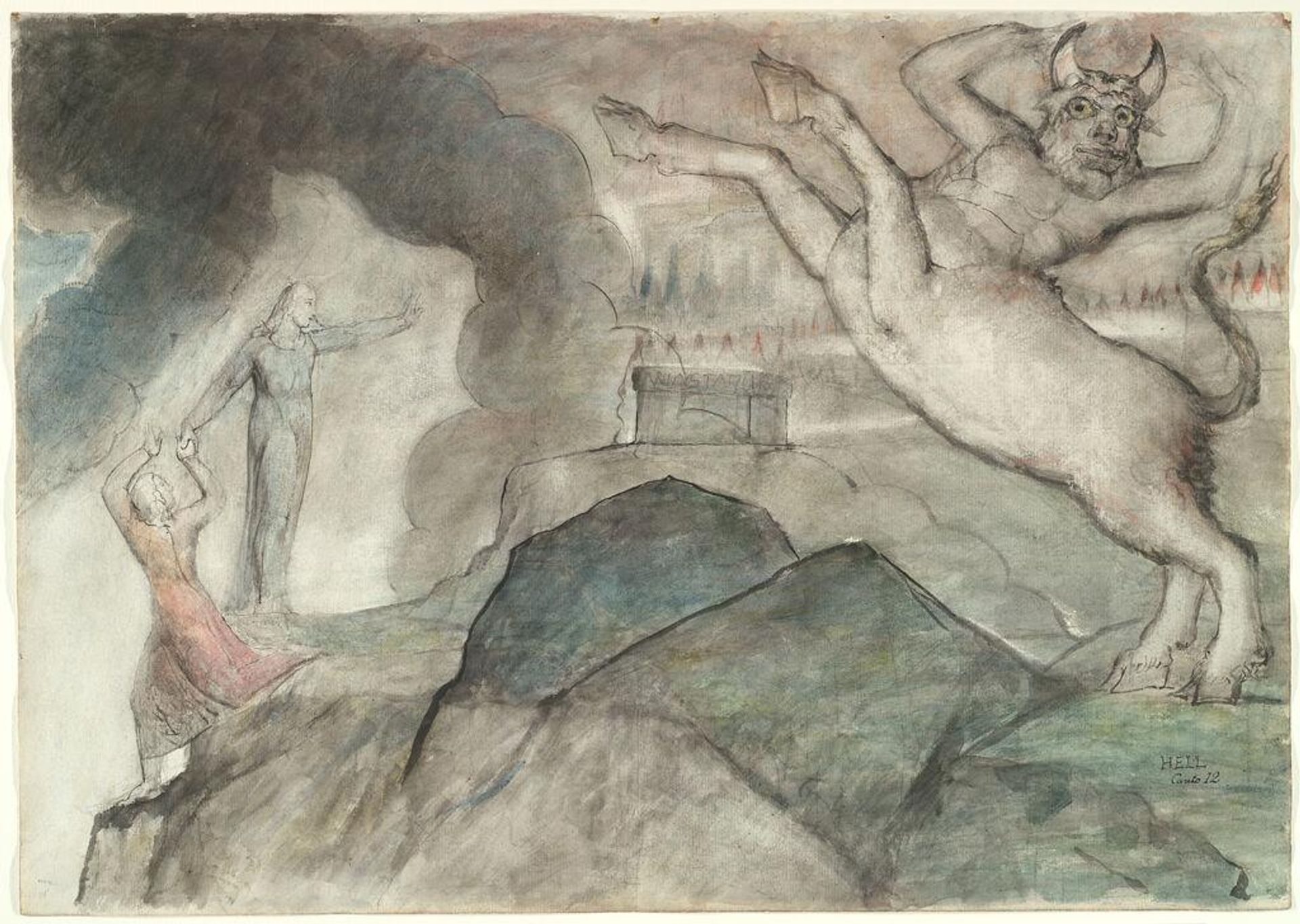 The Minotaur (from Dante's "Divine Comedy"); verso: possible sketch for "The Devils Under the Bridge" by William Blake