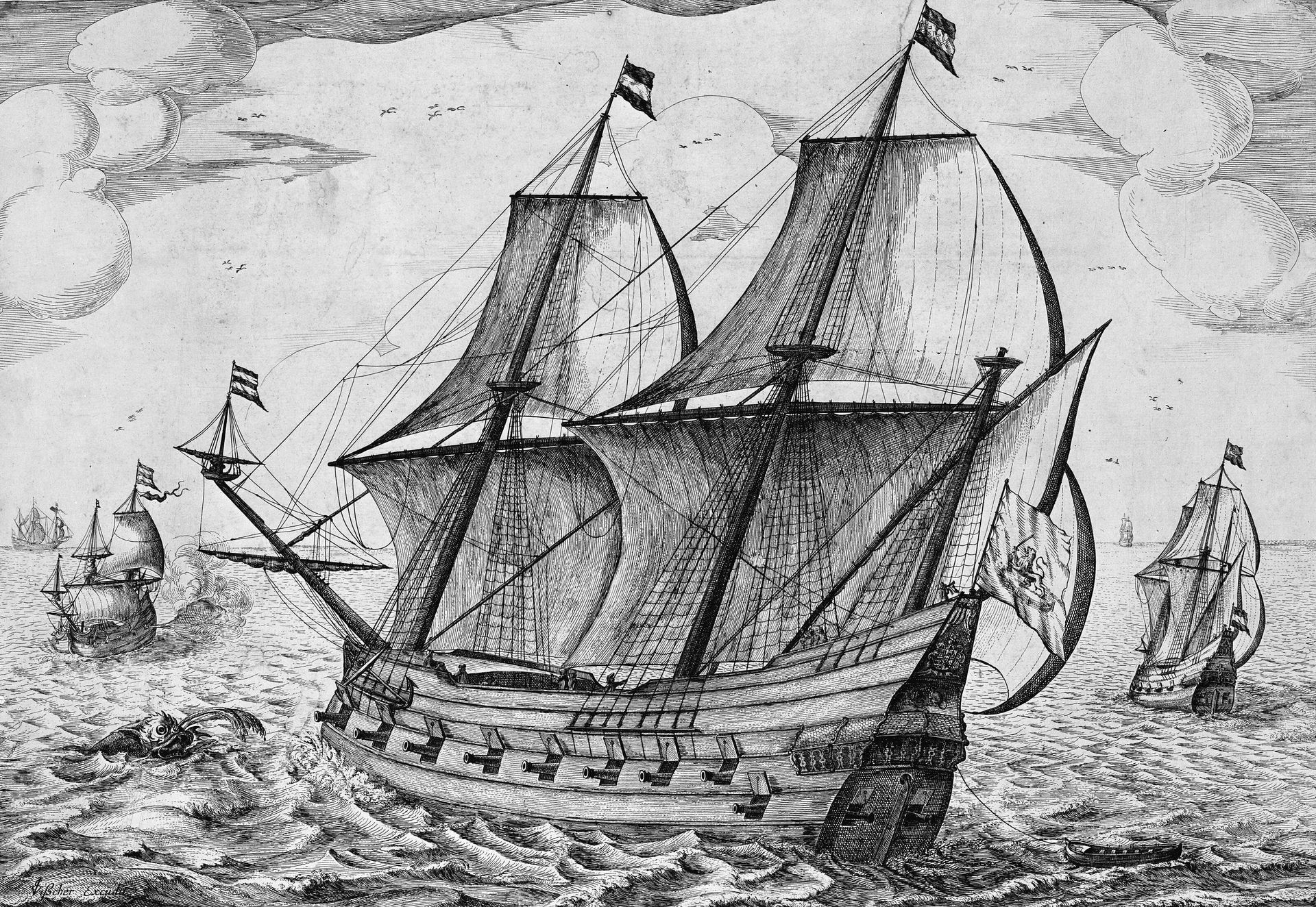 Orlogsskib med flag med den hollandske løve by Salomon Savery