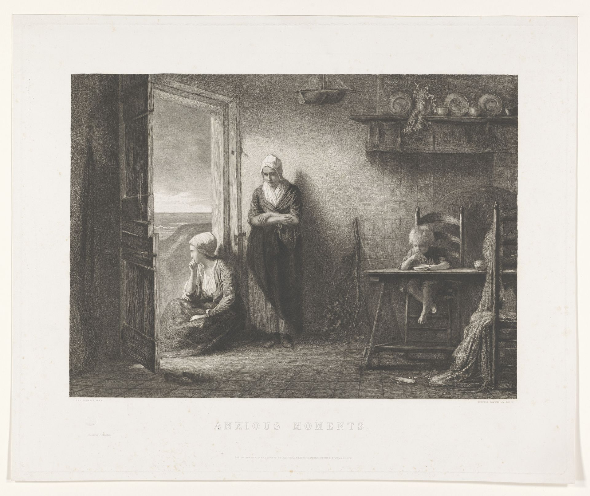 Twee vrouwen en een kind in een vissershuis in de duinen by Leopold Löwenstam