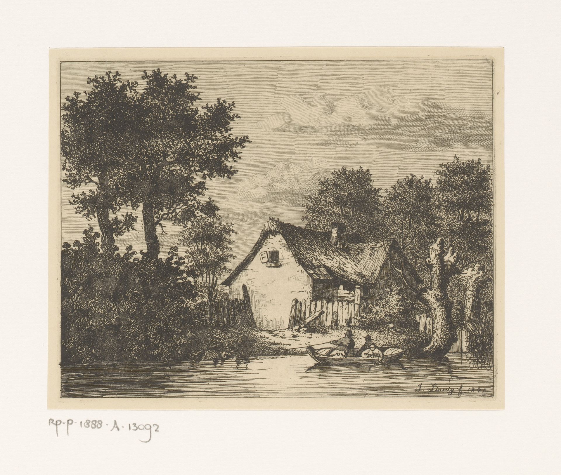Roeiboot op een rivier voor een boerderij in Wetteren by Jean Théodore Joseph Linnig