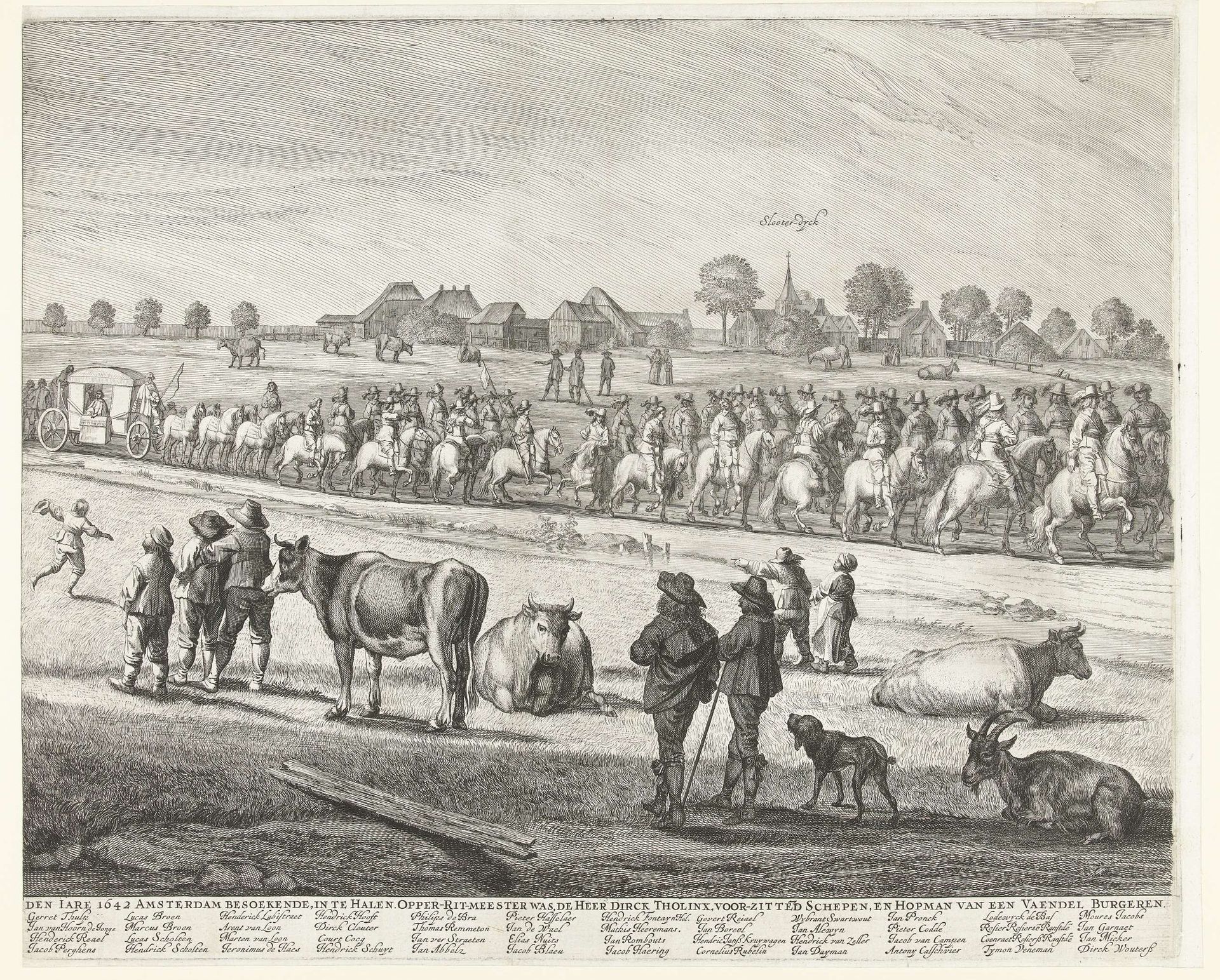 Optocht van de schutters langs de Haarlemmertrekvaart bij de intocht van koningin Henrietta Maria te Amsterdam, 1642 (middenblad) by Pieter Nolpe