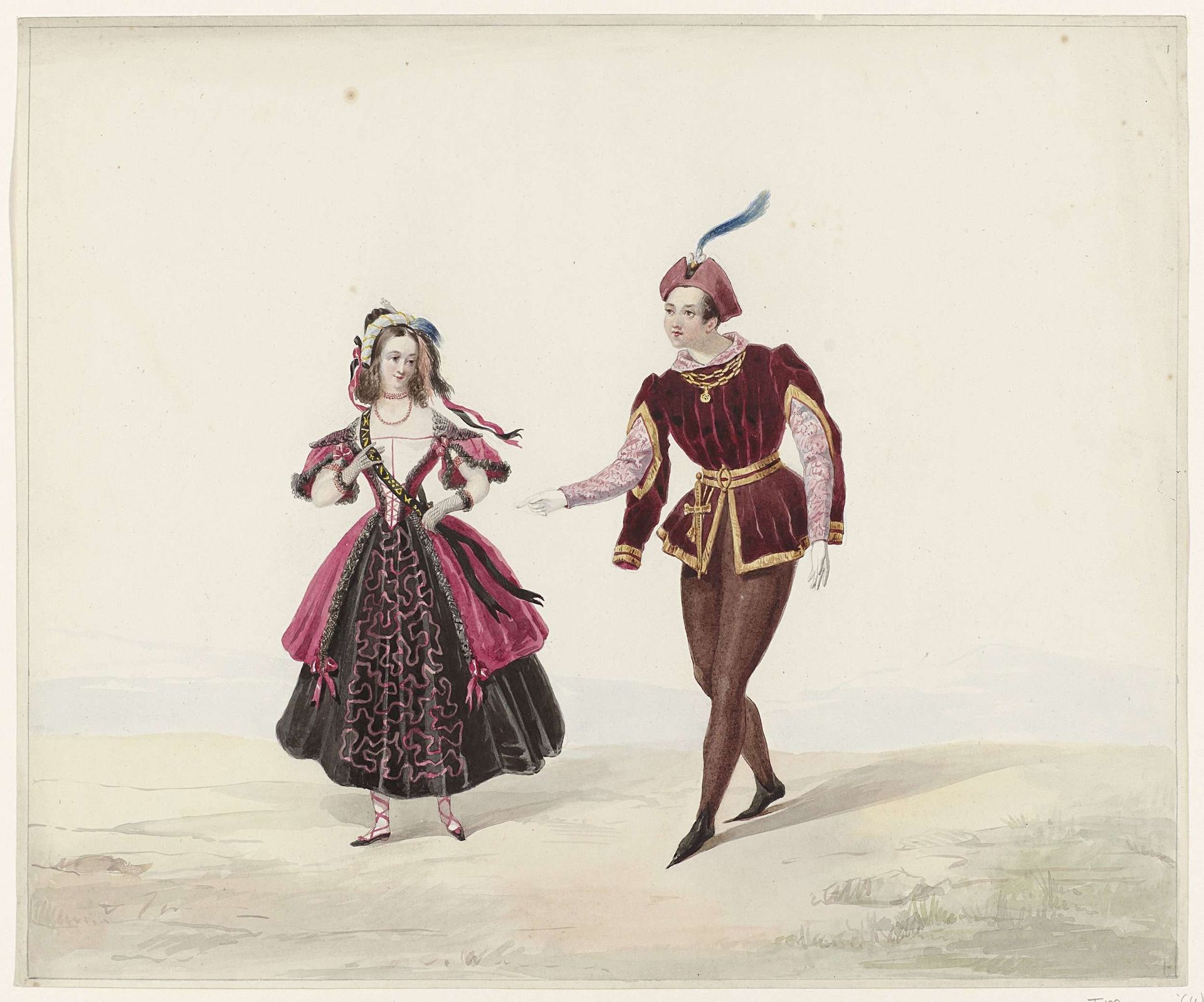 Man en vrouw in historisch kostuum, 1841 by Huib van Hove Bz