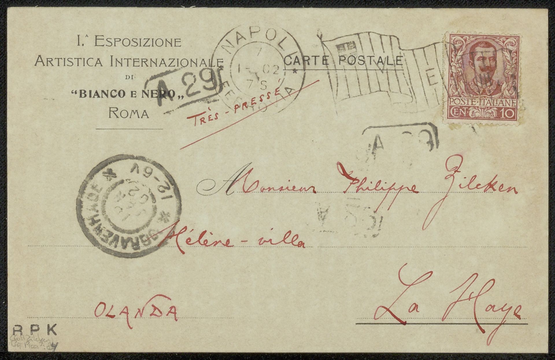 Briefkaart aan Philip Zilcken by Vittorio Pica