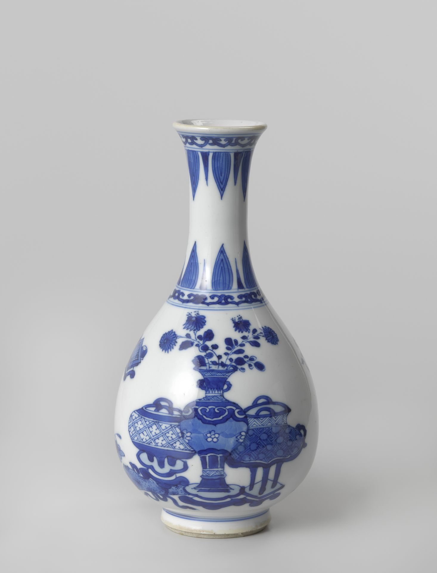 Pear-shaped bottle vase with auspicious symbols and petal borders by Anonymous