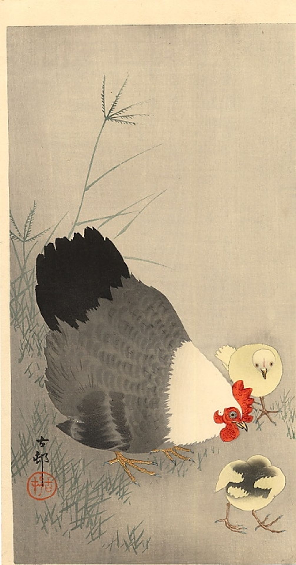 Hen and two chicks in grass by Ohara Koson