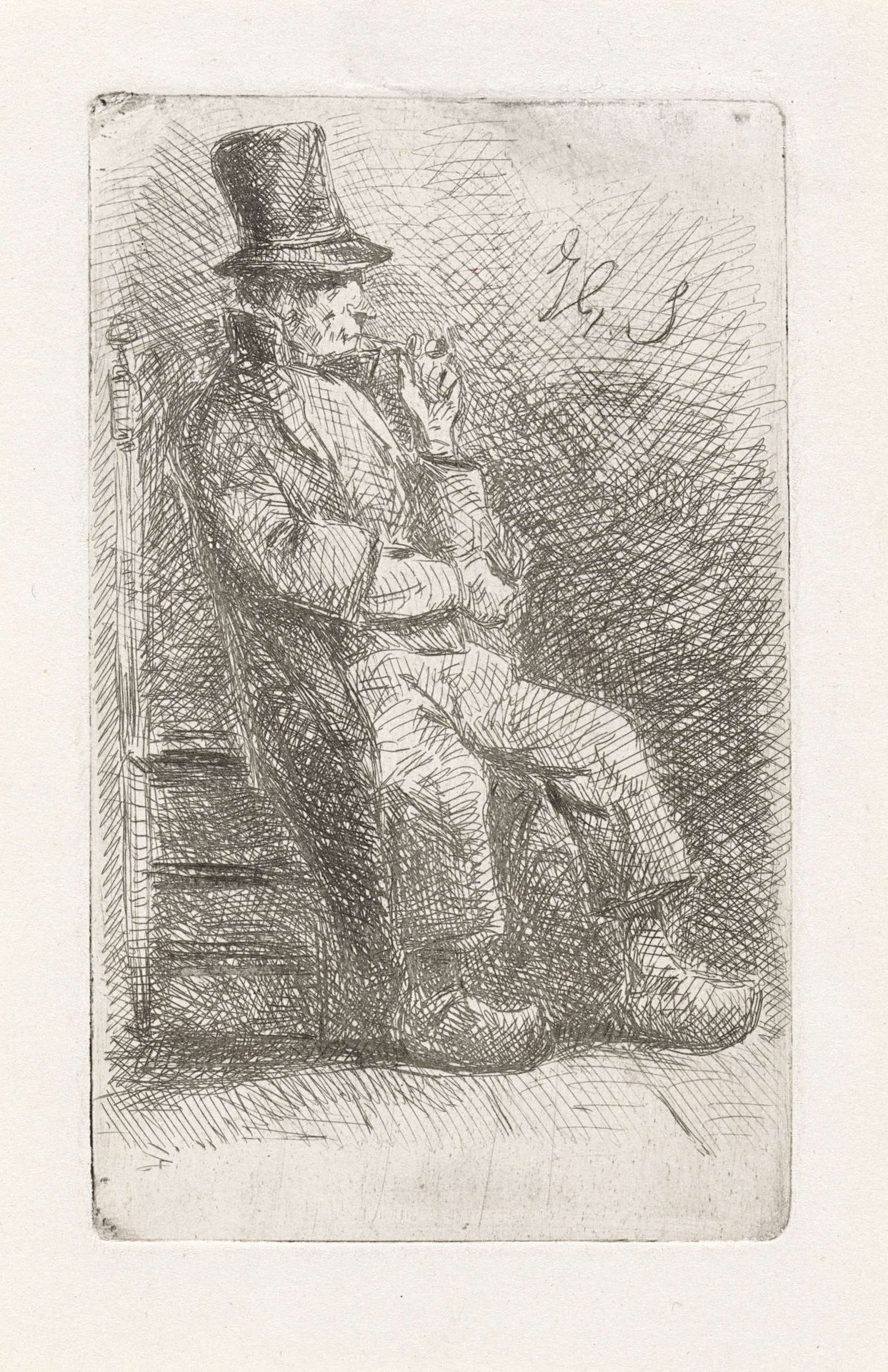 Pijp rokende man met hoge hoed op een stoel by Jan Gerard Smits