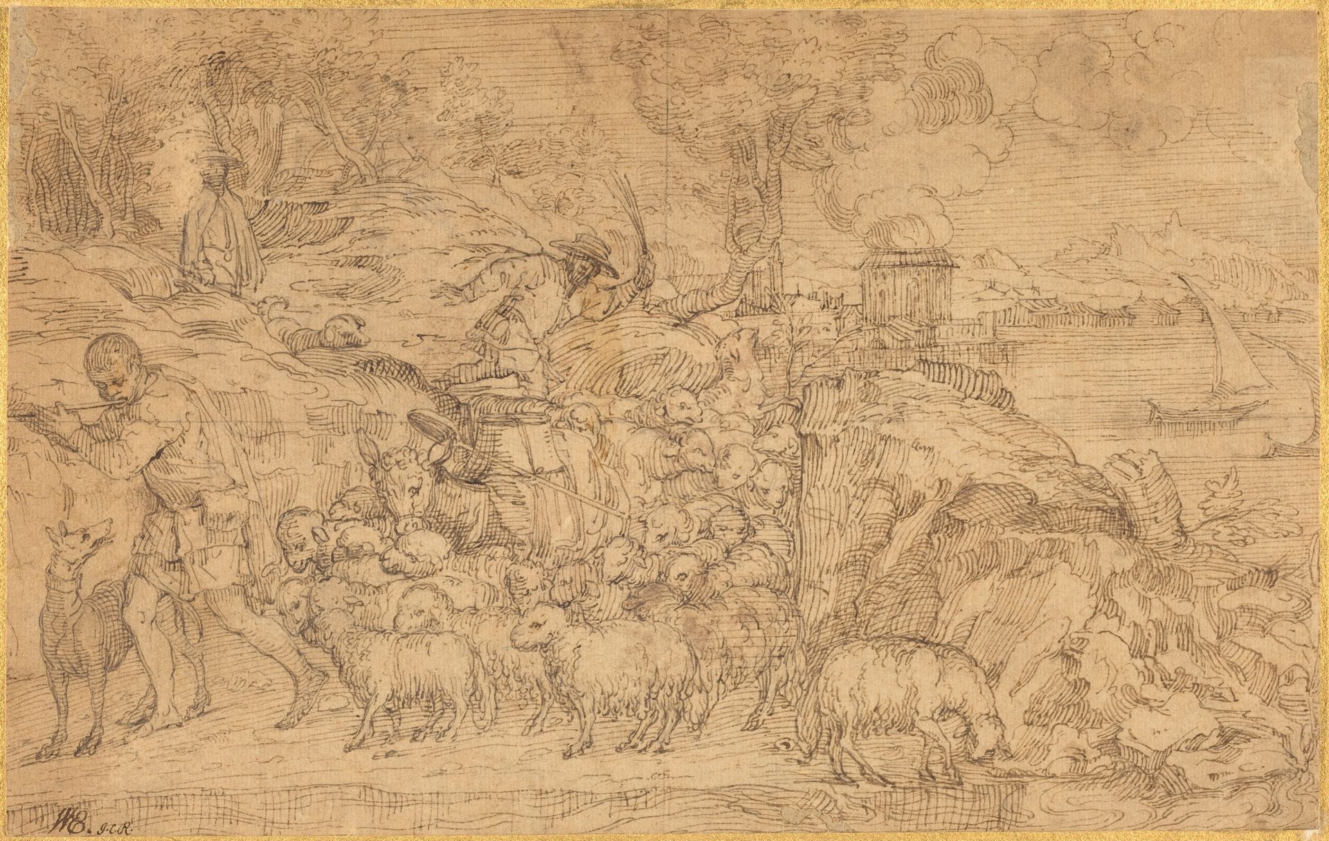Shepherd Playing a Flute and Leading His Flock by Domenico Campagnola