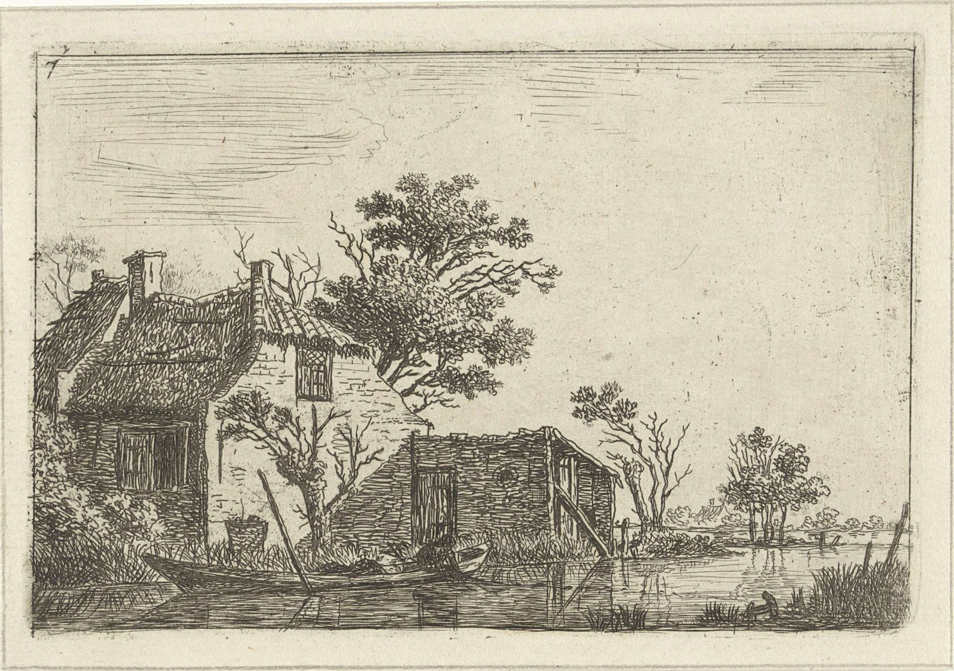 Boerderij aan het water en visser in boot by Hendrik Schwegman