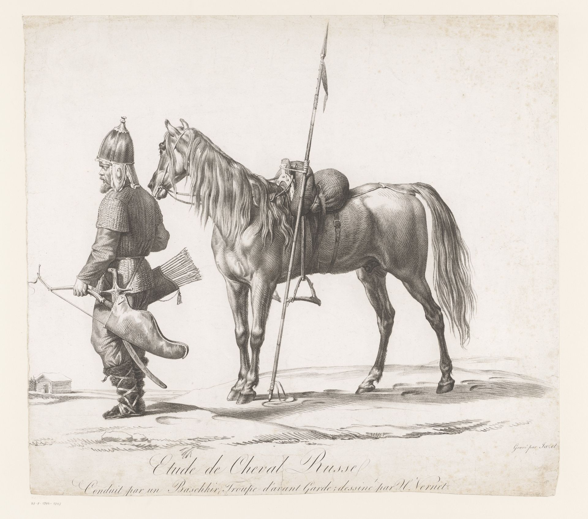 Soldaat in Rusissche klederdracht bij zijn paard by Jean Pierre Marie Jazet