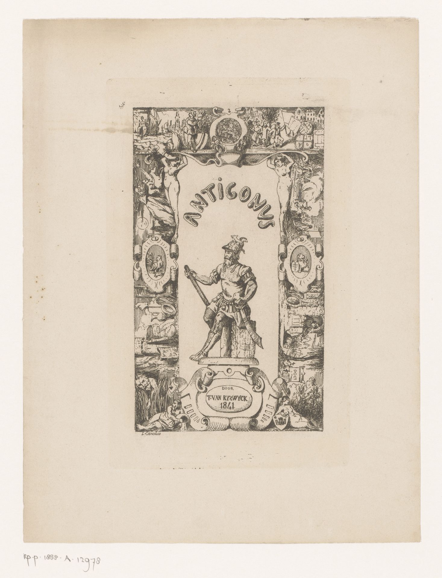 Standbeeld van Druon Antigoon in een allegorisch kader by Louis Antoine Carolus