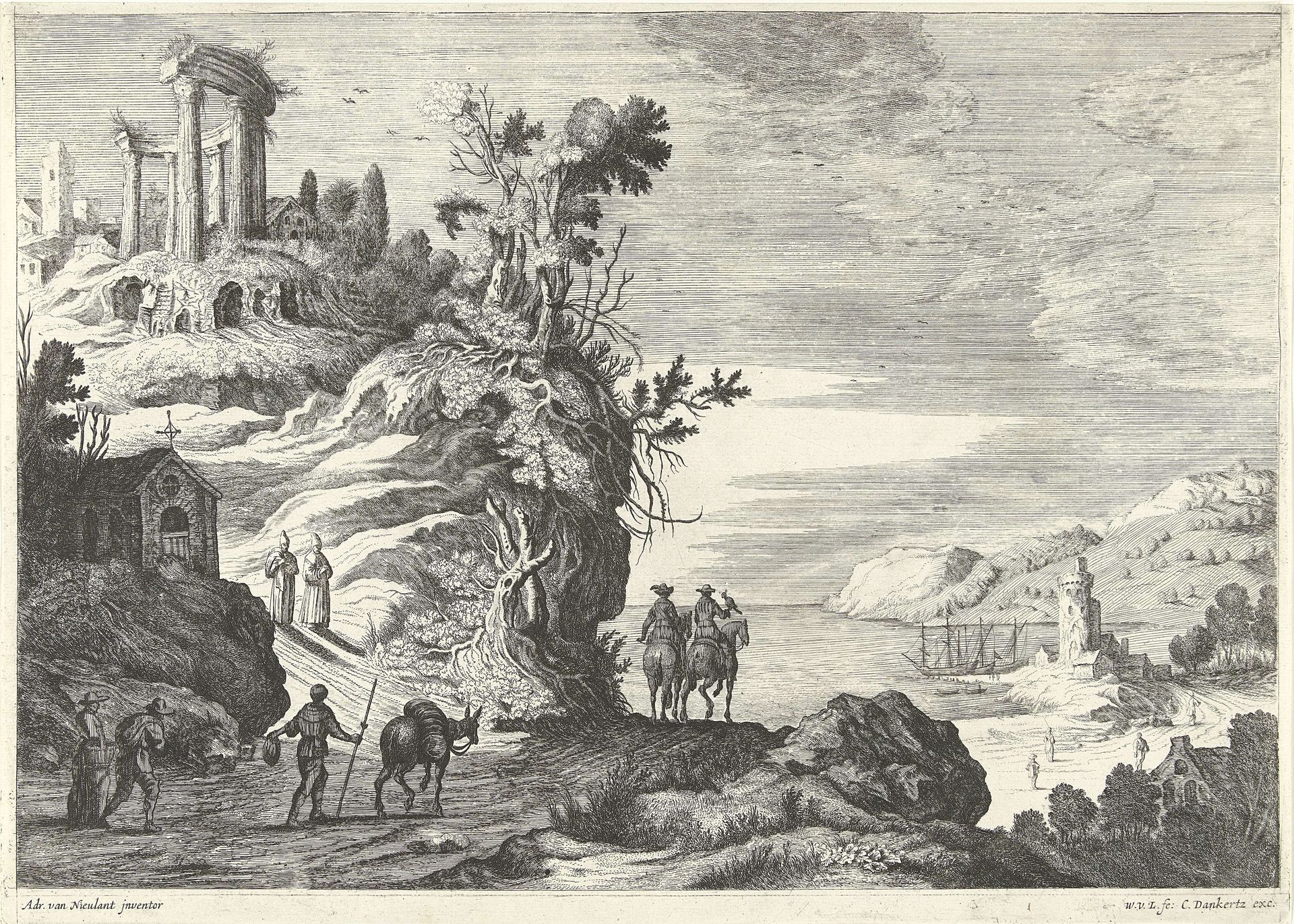 Italiaans landschap met gezicht op een ruïne by Willem van Lande
