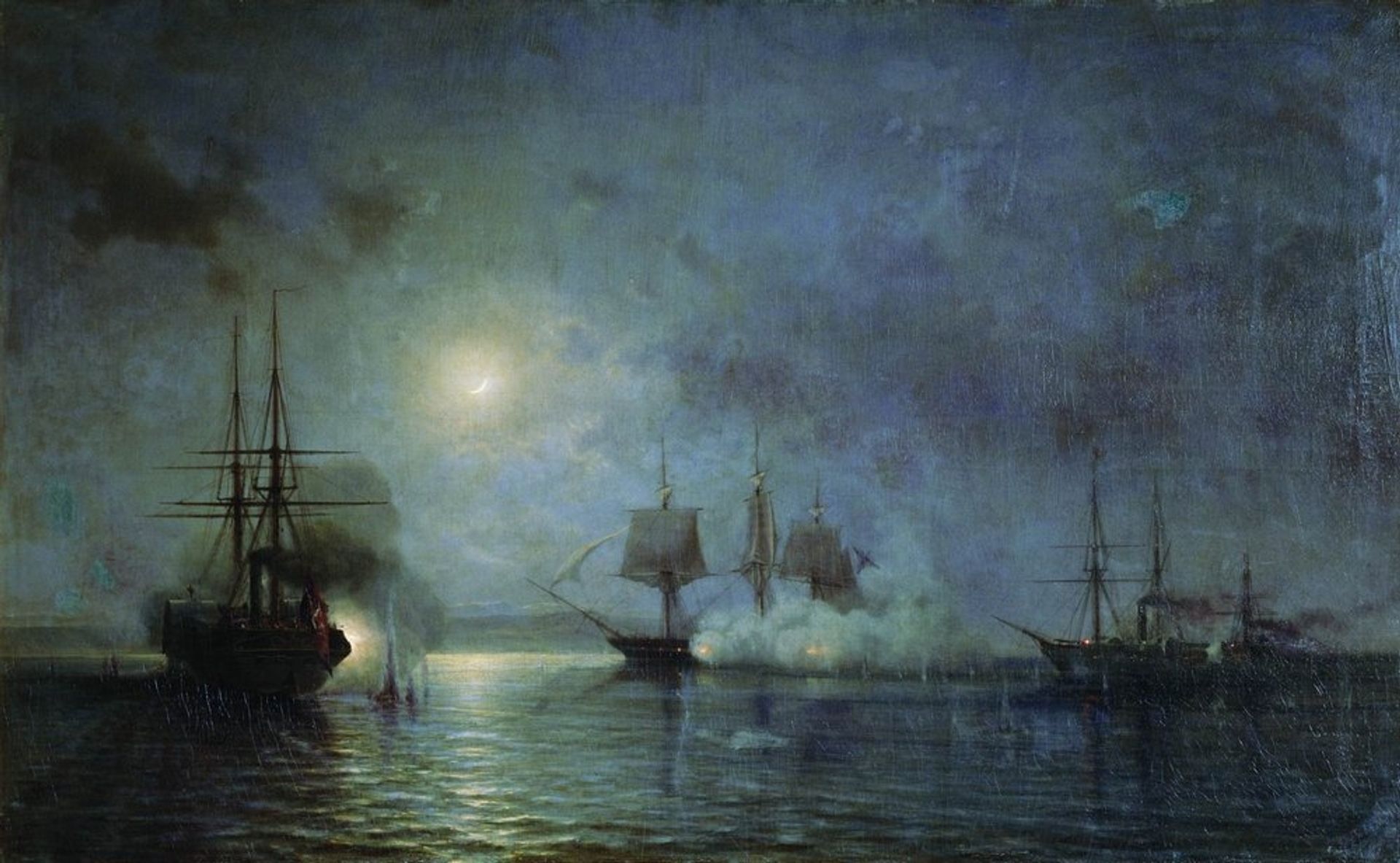 Turkish steamships attack 44 gun fregate Flora by Alexey  Bogolyubov
