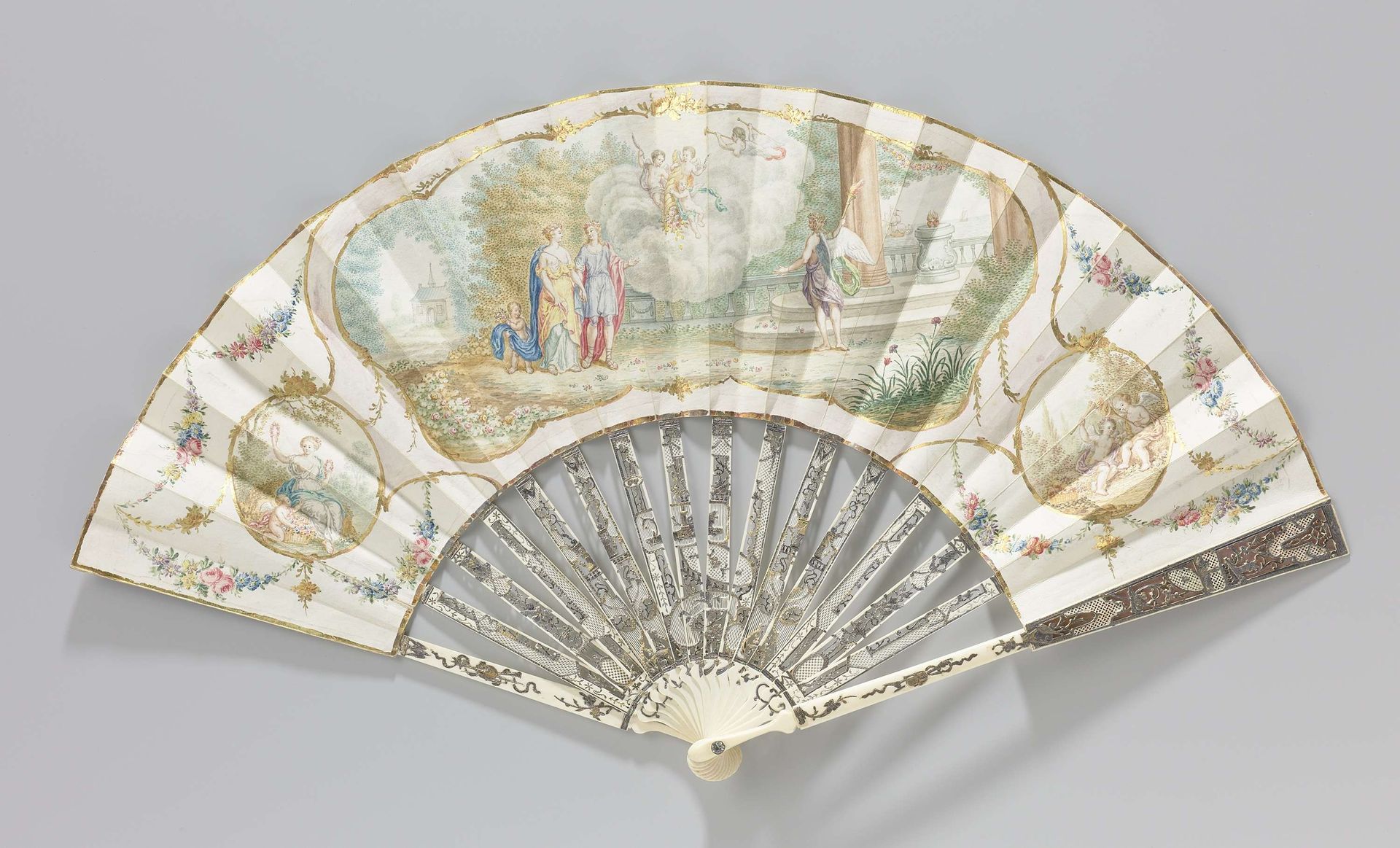 Vouwwaaier met blad van papier waarop in aquarel een huwelijksscène by Anonymous