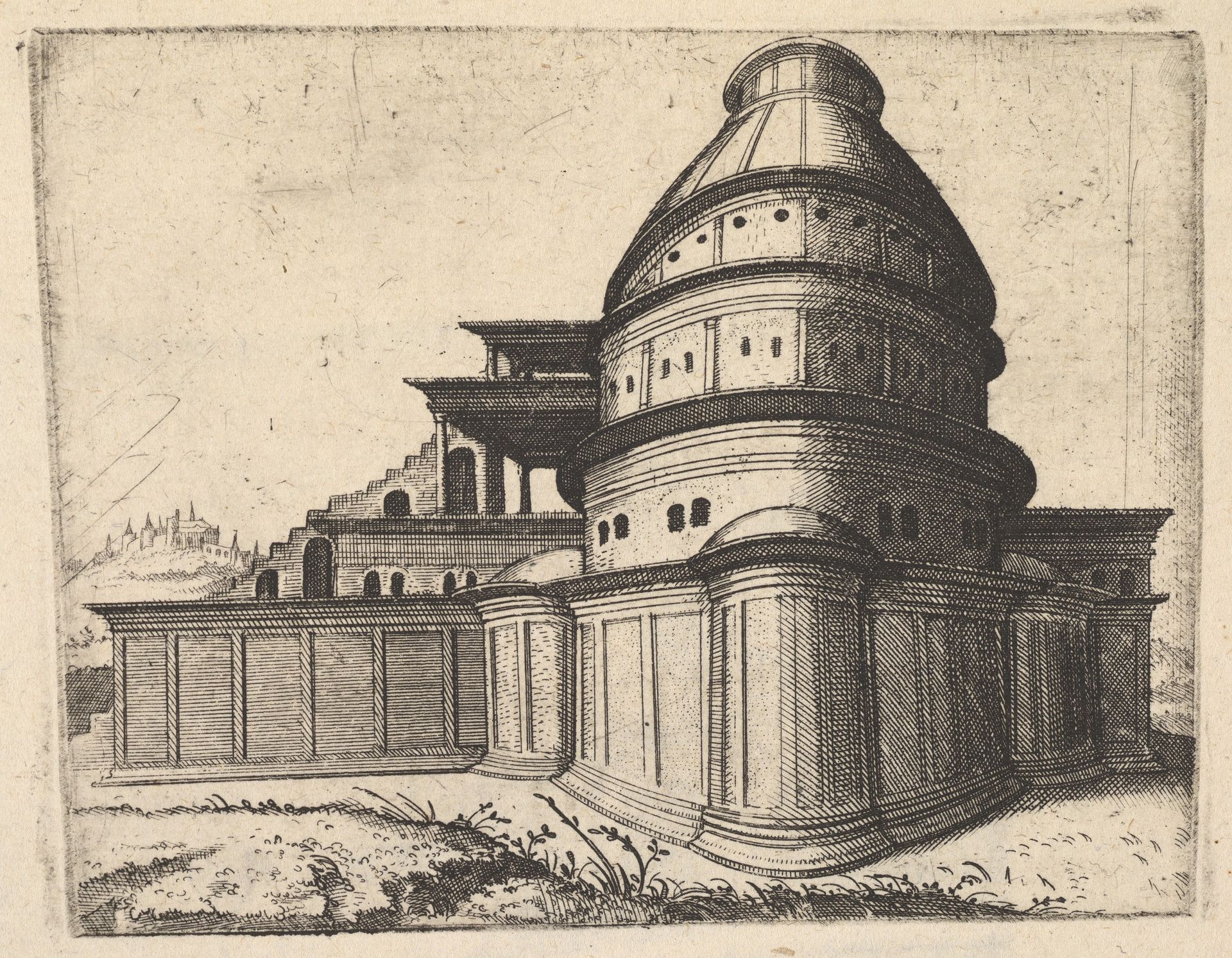 Building [Aerarii Publici Rome] from the series 'Ruinarum variarum fabricarum delineationes pictoribus caeterisque id genus artificibus multum utiles' by Lambert Suavius