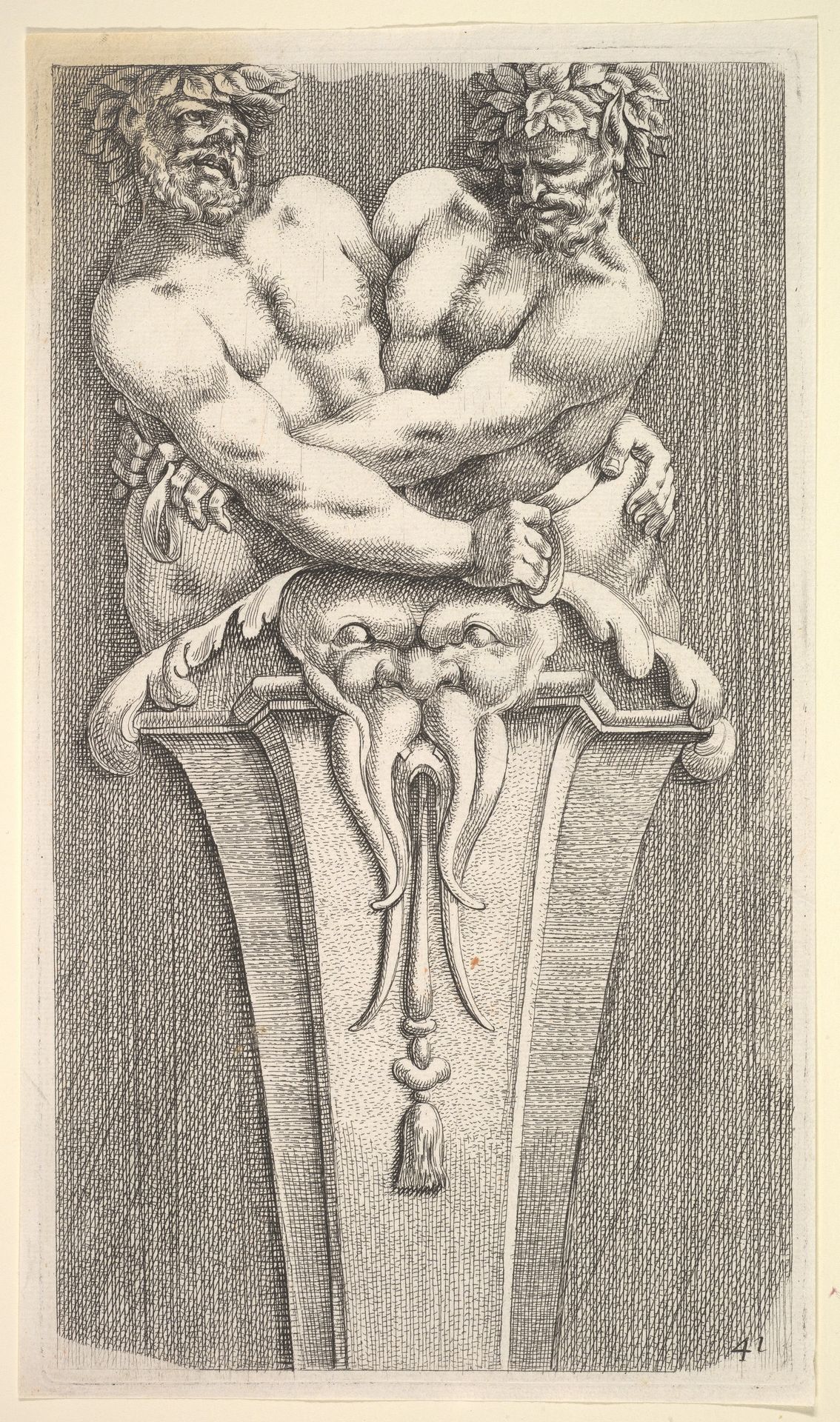 Design for a Term with Two Bacchic Figures, from: Curieuses recherches de plusieurs beaus morceaus d'ornemens antiques et modernes (...) by Jean Le Pautre