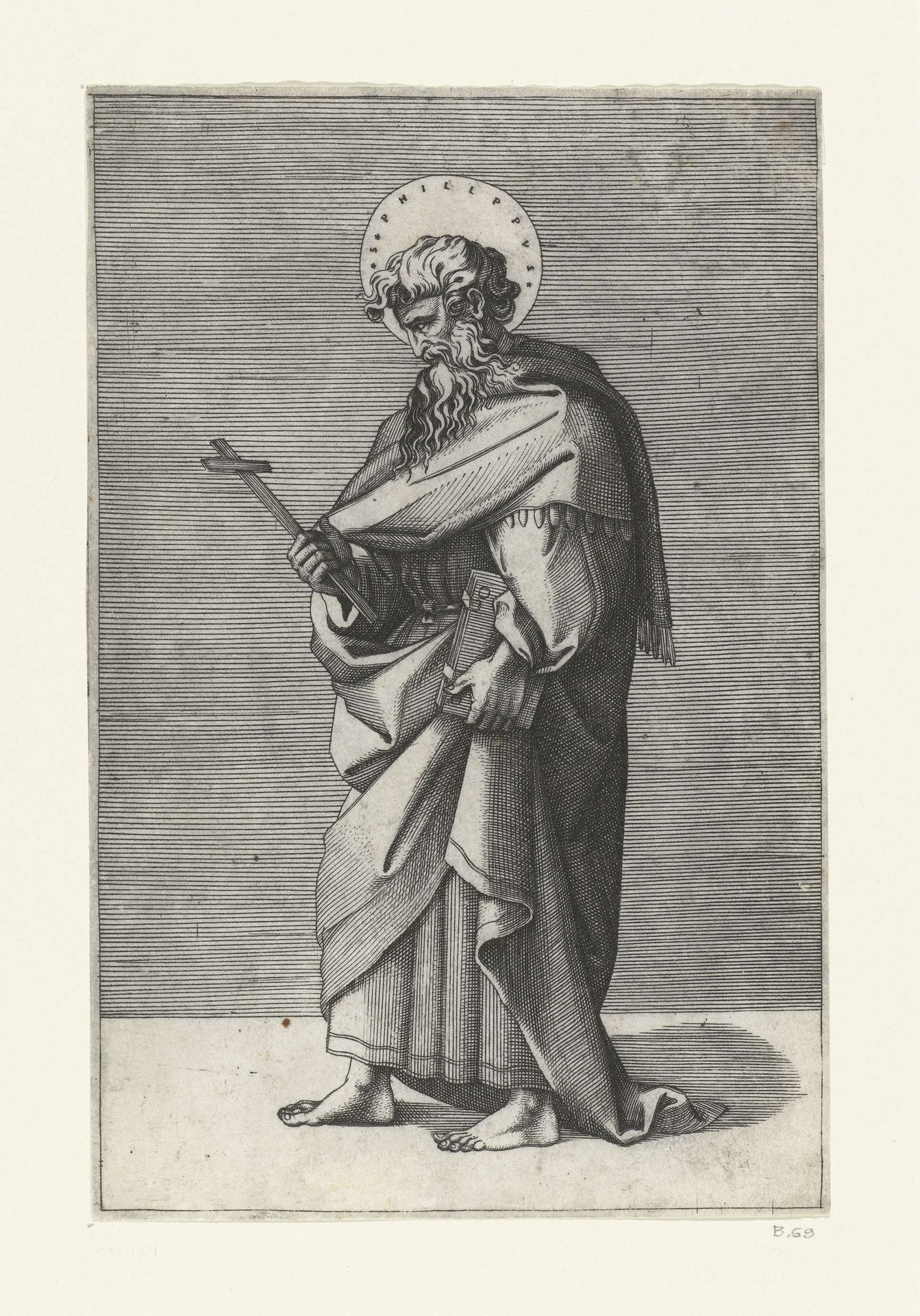 Apostel Filippus met kruis by Marcantonio Raimondi
