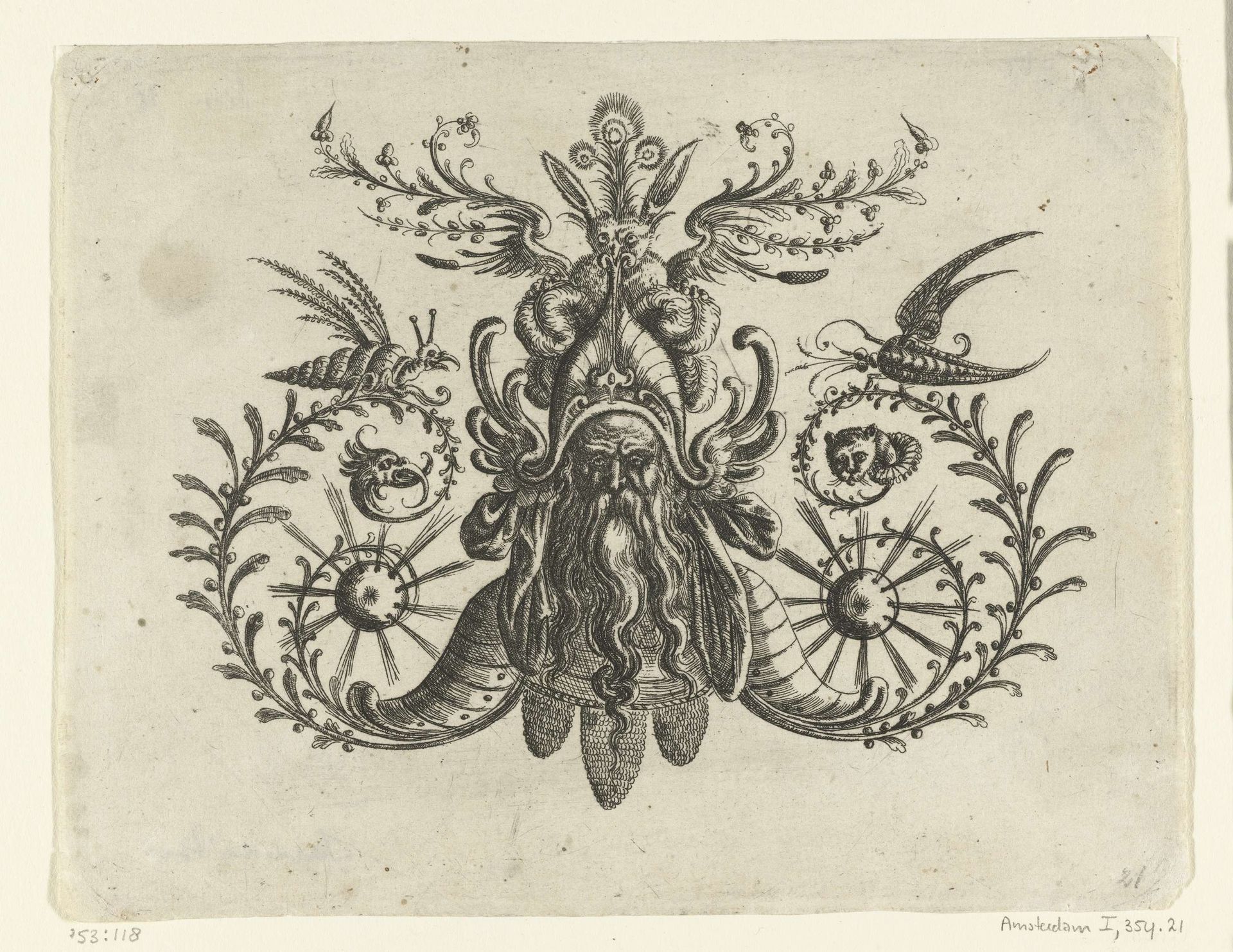 Kop van een man met een lange golvende baard tussen voluten en bladranken by Christoph Jamnitzer
