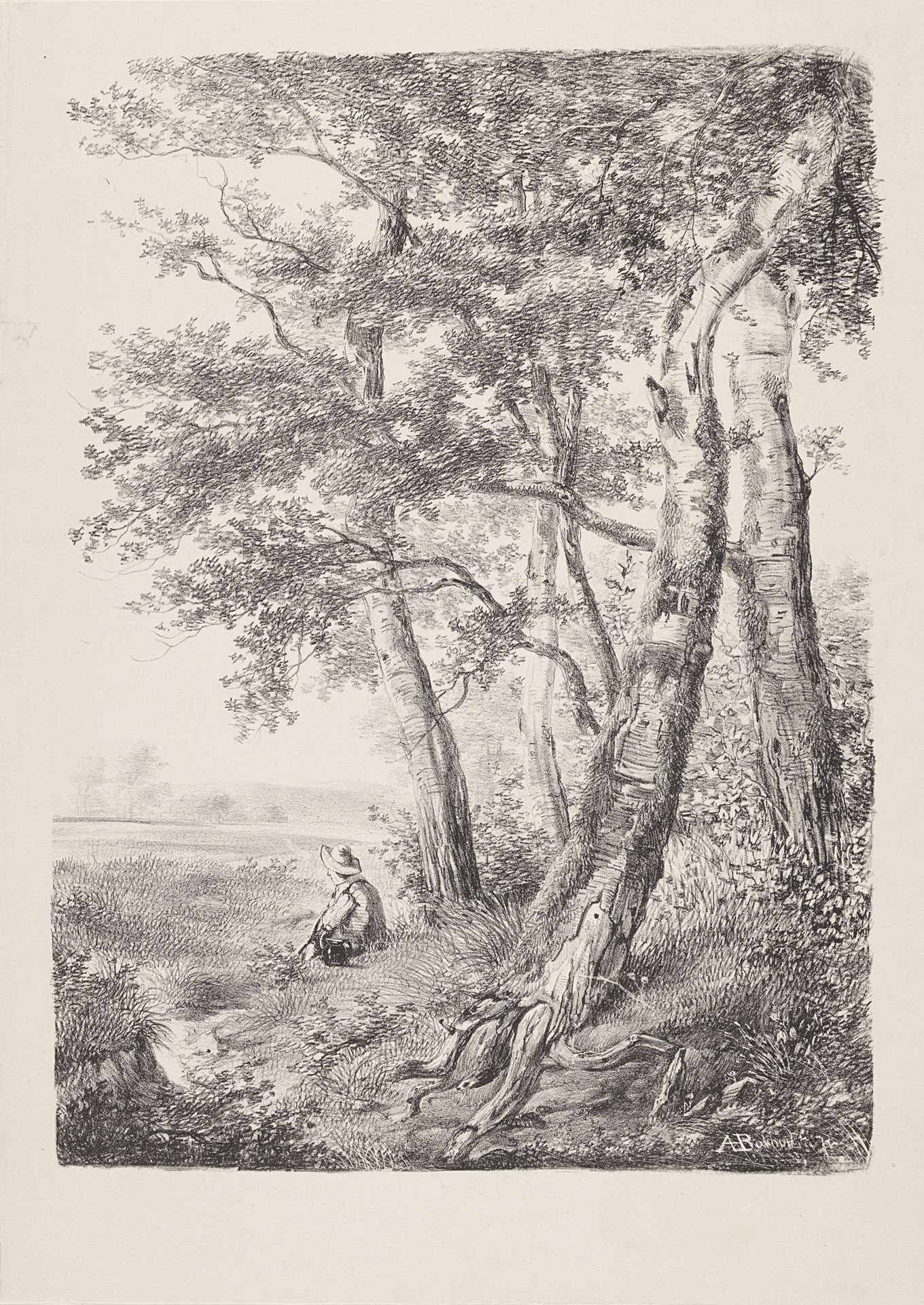 Zittende figuur in landschap met bomen by Alexander Hieronymus (II) Bakhuyzen