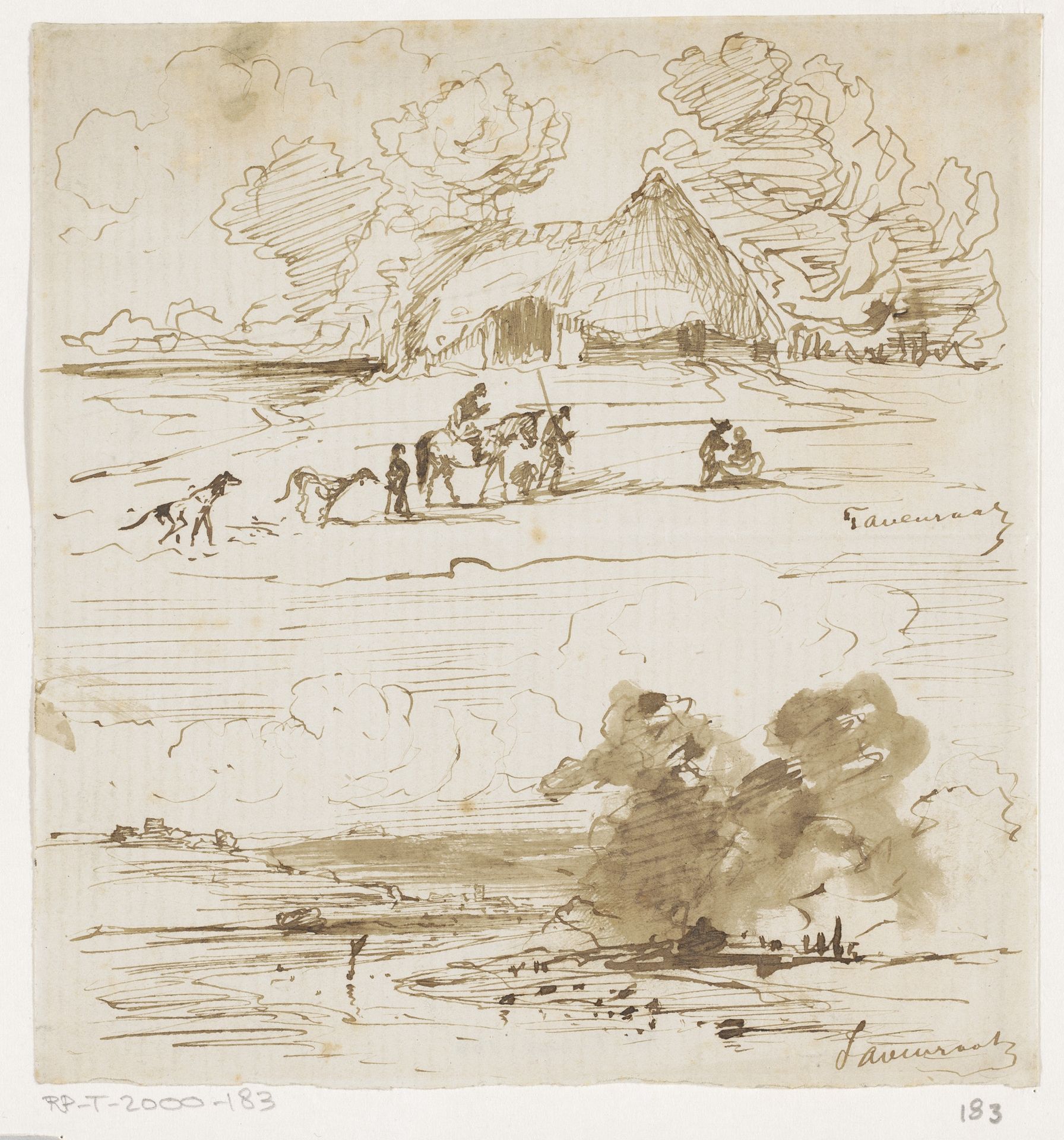 Twee schetsen van landschappen met figuren by Johannes Tavenraat