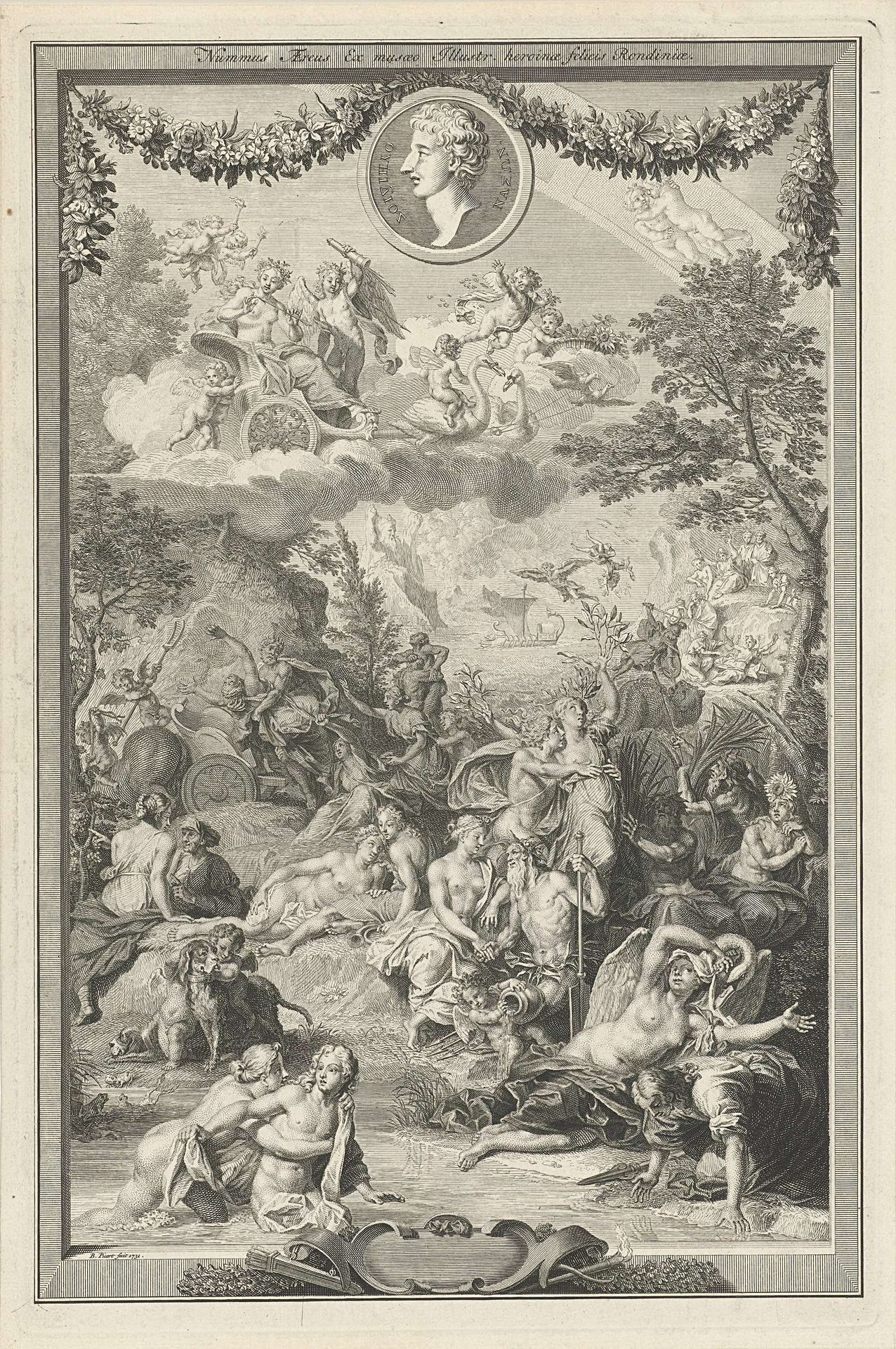 Allegorische titelpagina met verschillende scènes uit de metamorfosen van Ovidius en diens portret by Bernard Picart