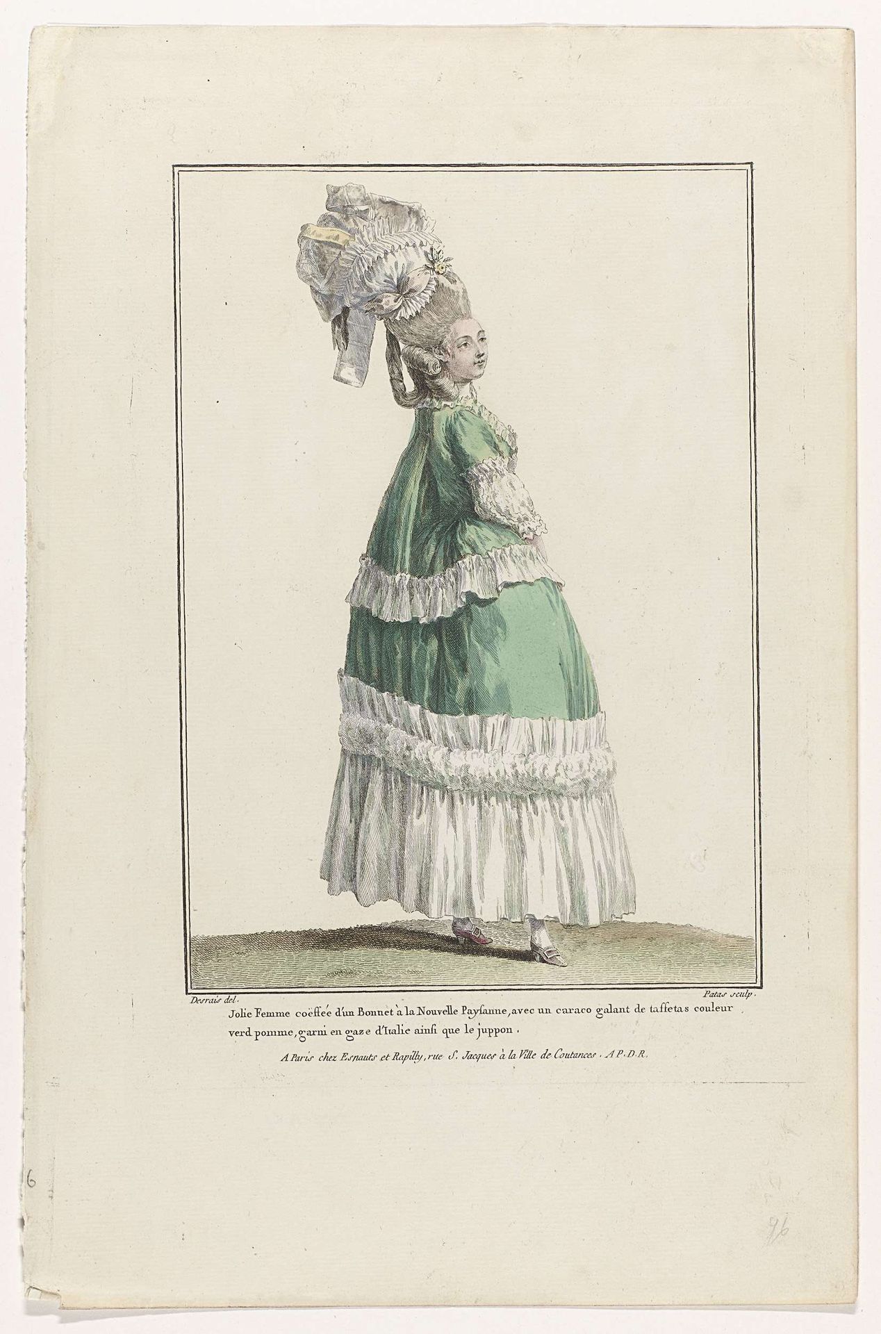 Gallerie des Modes et Costumes Français, 1778, Q 96 : Jolie Femme coëffée d'un Bonnet (...) by Charles Emmanuel Patas