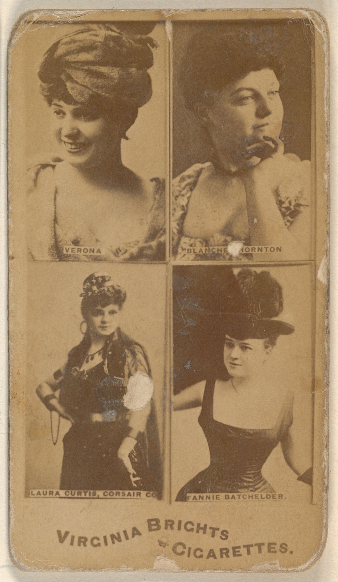 Verona/ Blanche Thornton/ Laura Curtis, Corsair Co./ Fannie Batchelder, from the Actors and Actresses series (N45, Type 4) for Virginia Brights Cigarettes by Allen & Ginter