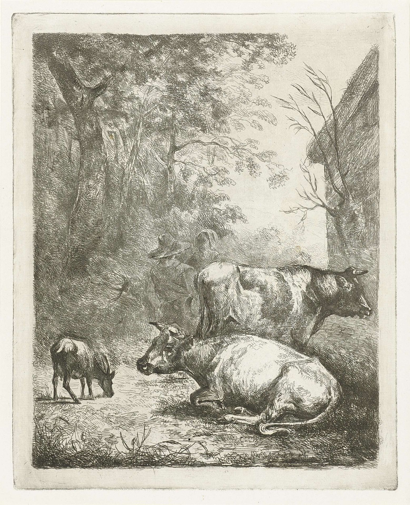 Boerenerf met twee koeien, een bokje en een pratend stel by Antonie Franciscus Dona