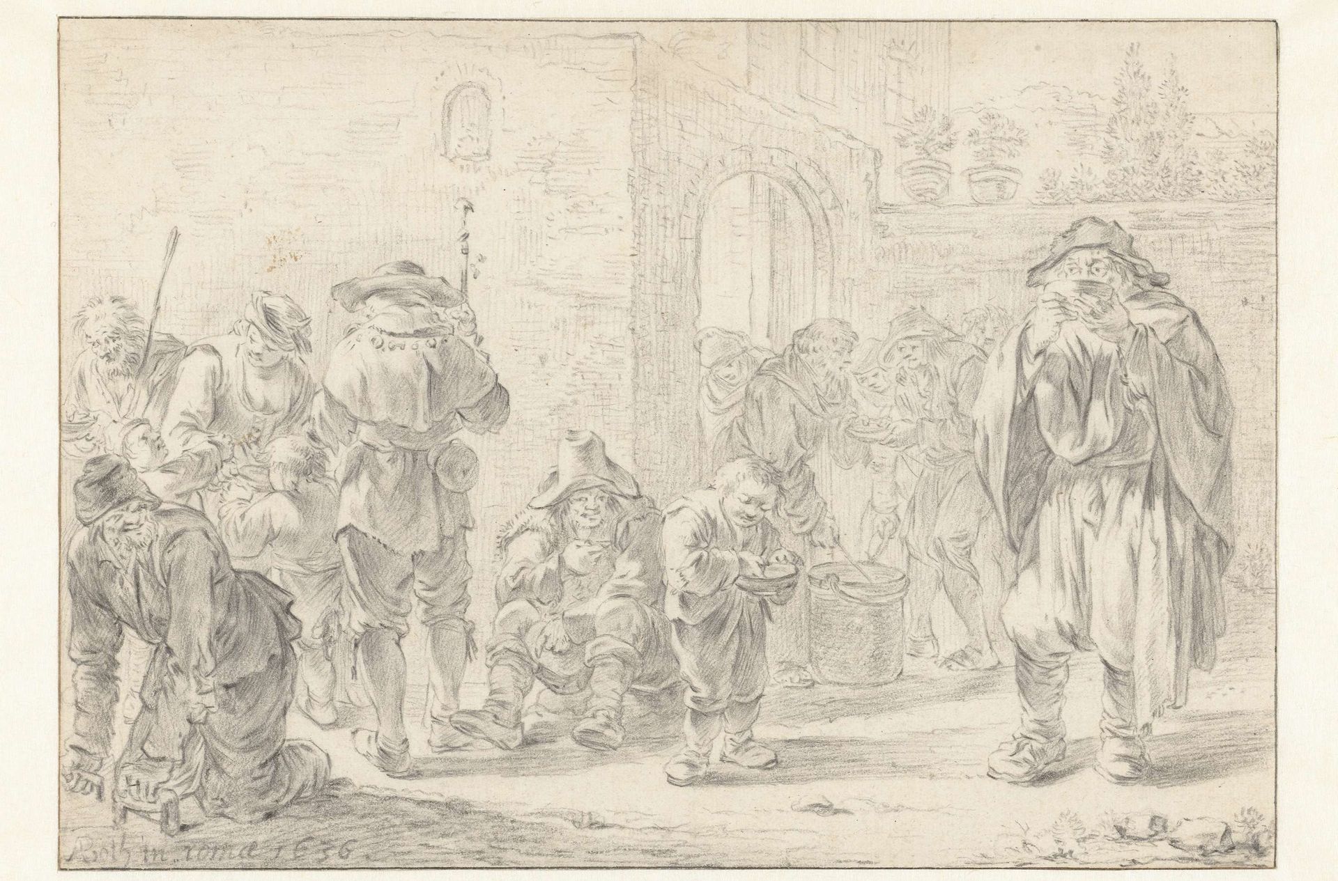 Spijsuitdeling aan pelgrims en bedelaars bij een kloosterpoort by Andries Both