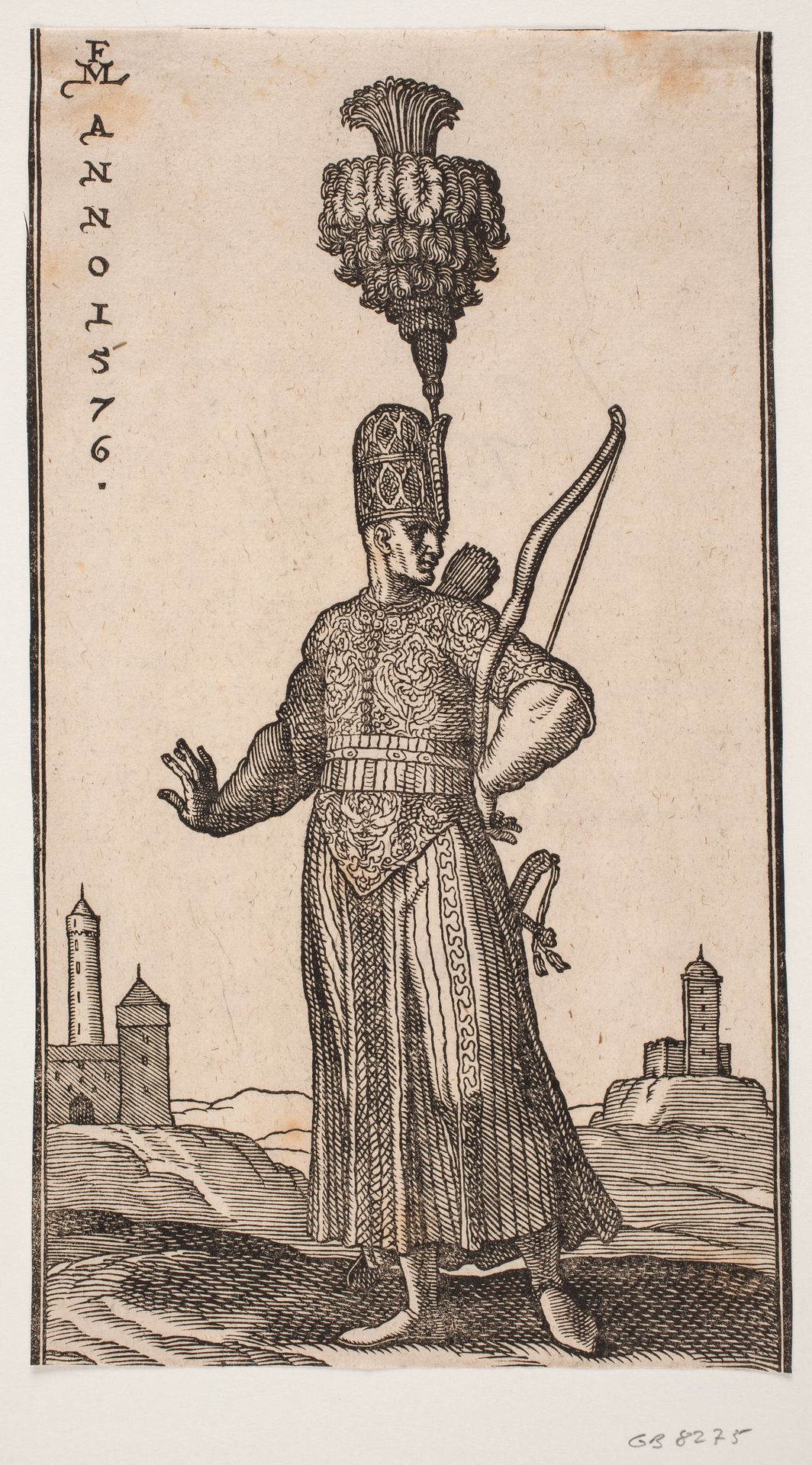Stående soldat, frontalt set, hovedet vendt mod h.; han bærer bue over sin v. arm, pilekogger på ryggen og sværd ved sin v. side; han strækker koket sin h. arm bagud; i baggr. t.h. og t.v. to fæstningslignende bygninger by Melchior Lorck