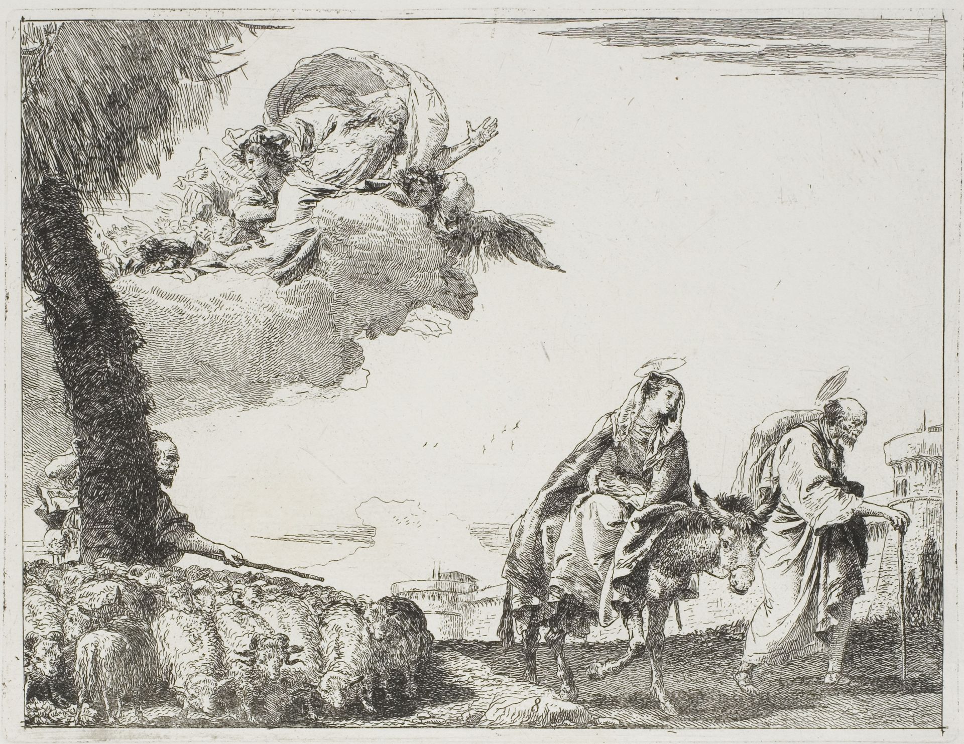 The Holy Family Walking Along a City Wall. On the left, a Shepherd with his Flock and God the Father, plate eight from The Flight into Egypt by Giovanni Domenico Tiepolo
