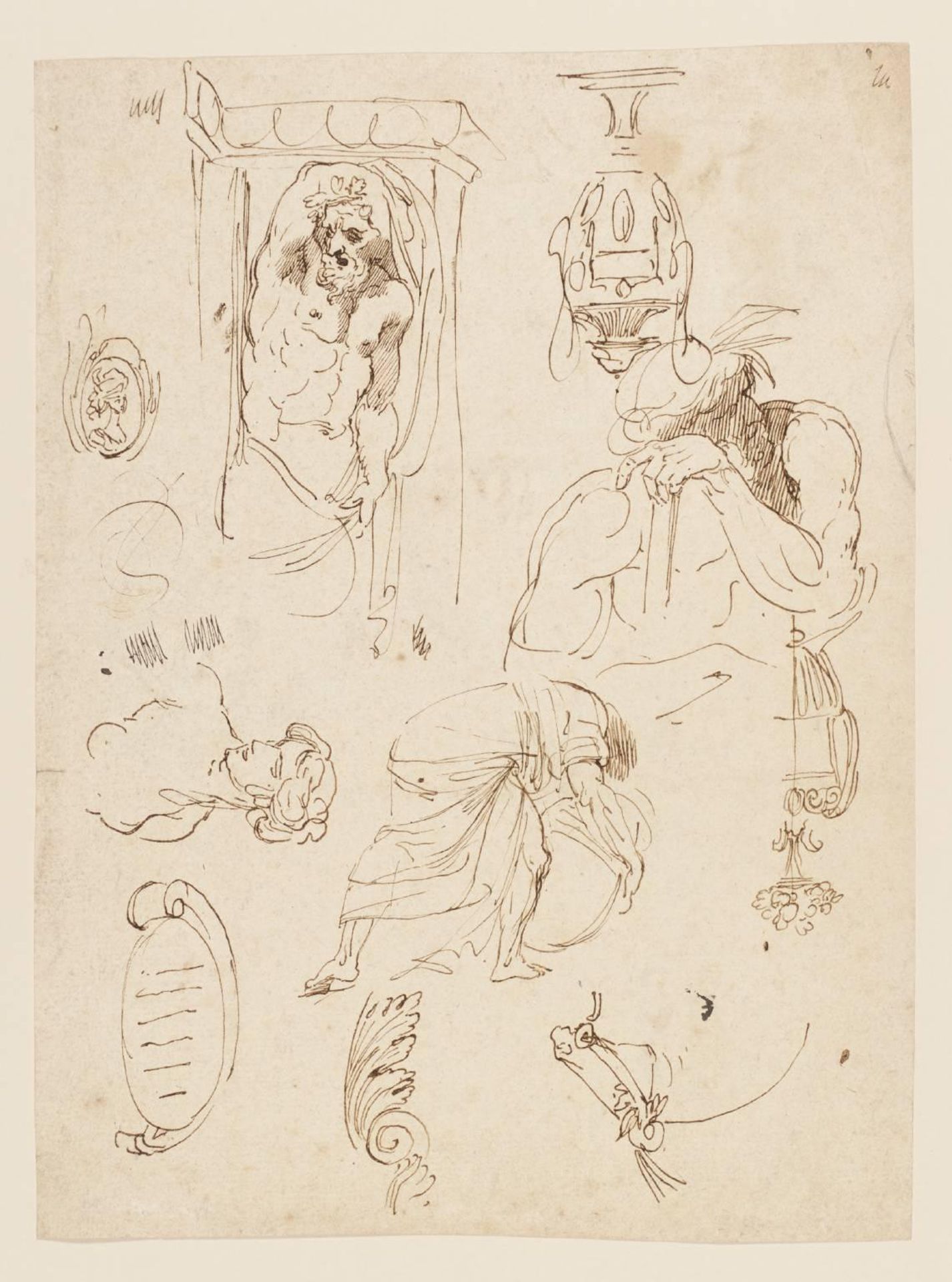 Sheet of Studies; a Male Caryatid, an Urn, Acanthus Scrolls Etc. Verso: Sketches by John Hamilton Mortimer
